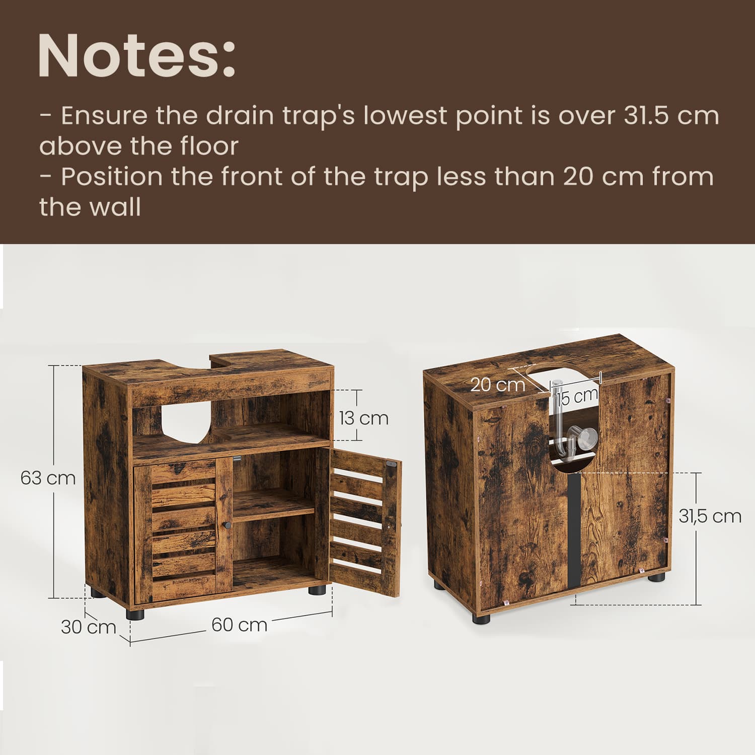 Bathroom Vanity Unit - Engineered Wood - Rustic Brown - 2-Door Design with Adjustable Shelf