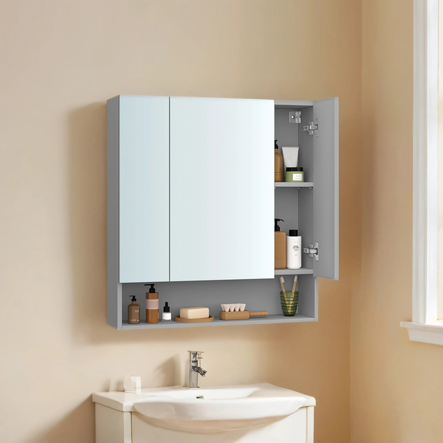Wall Mirror Cabinet - MDF - Grey - Adjustable Shelves