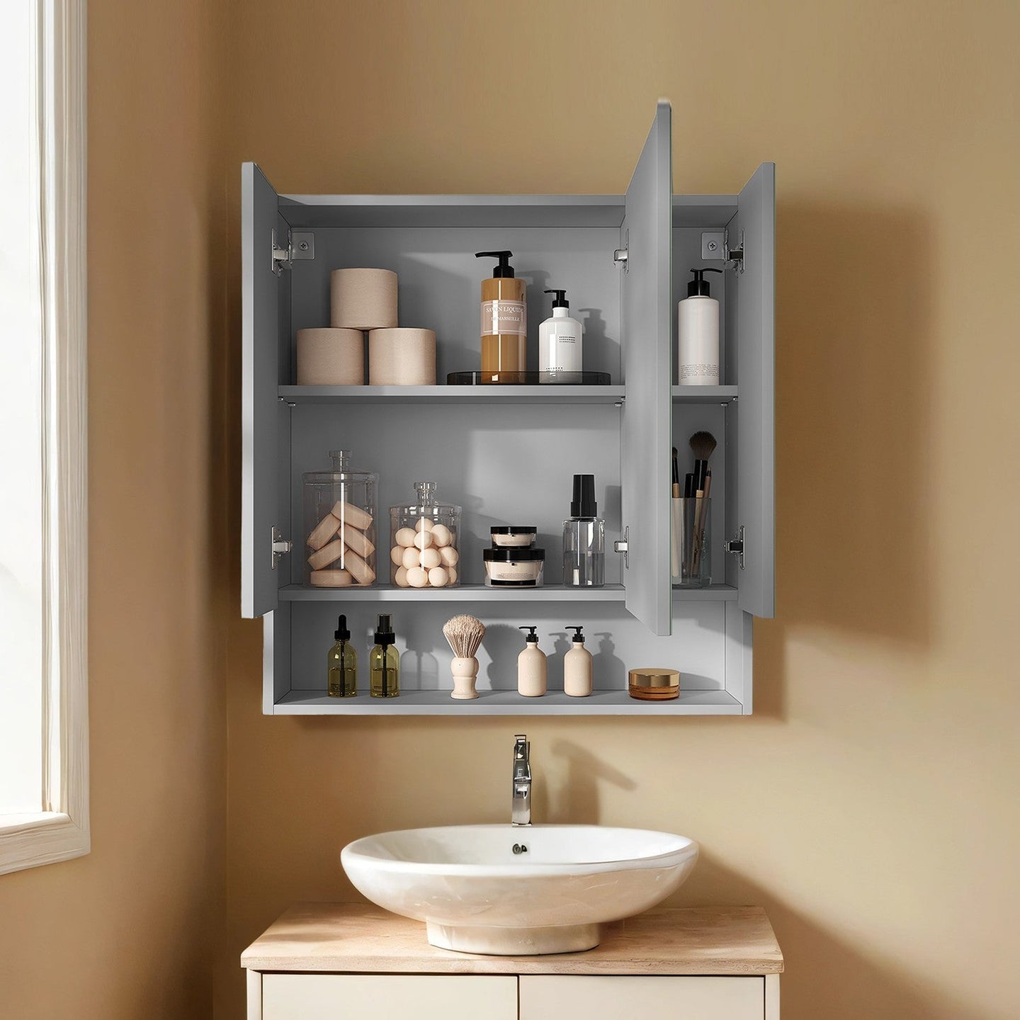 Wall Mirror Cabinet - MDF - Grey - Adjustable Shelves