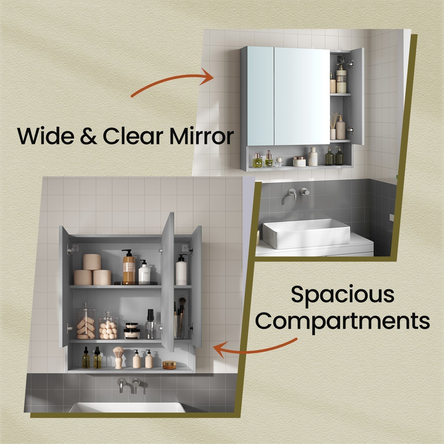 Wall Mirror Cabinet - MDF - Grey - Adjustable Shelves