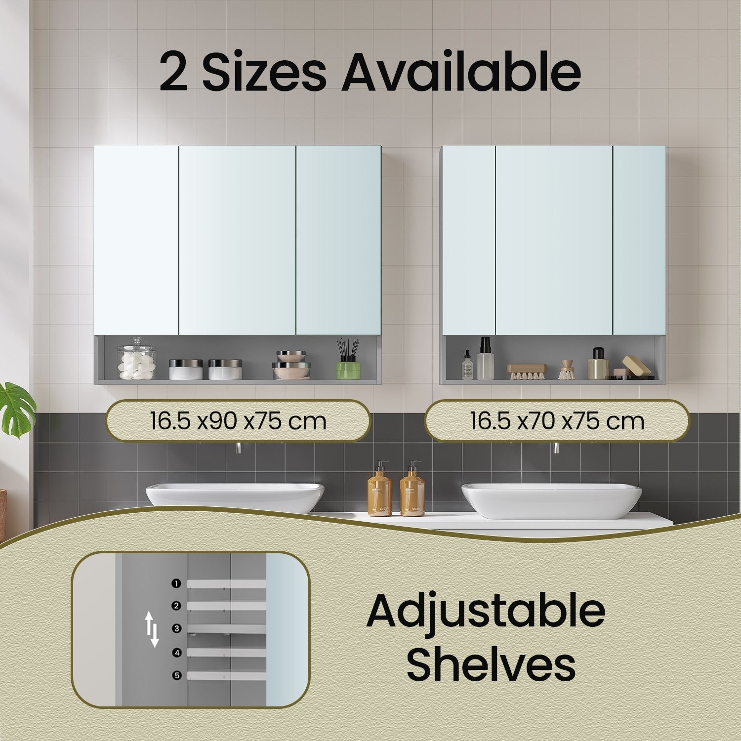 Wall Mirror Cabinet - MDF - Grey - Adjustable Shelves