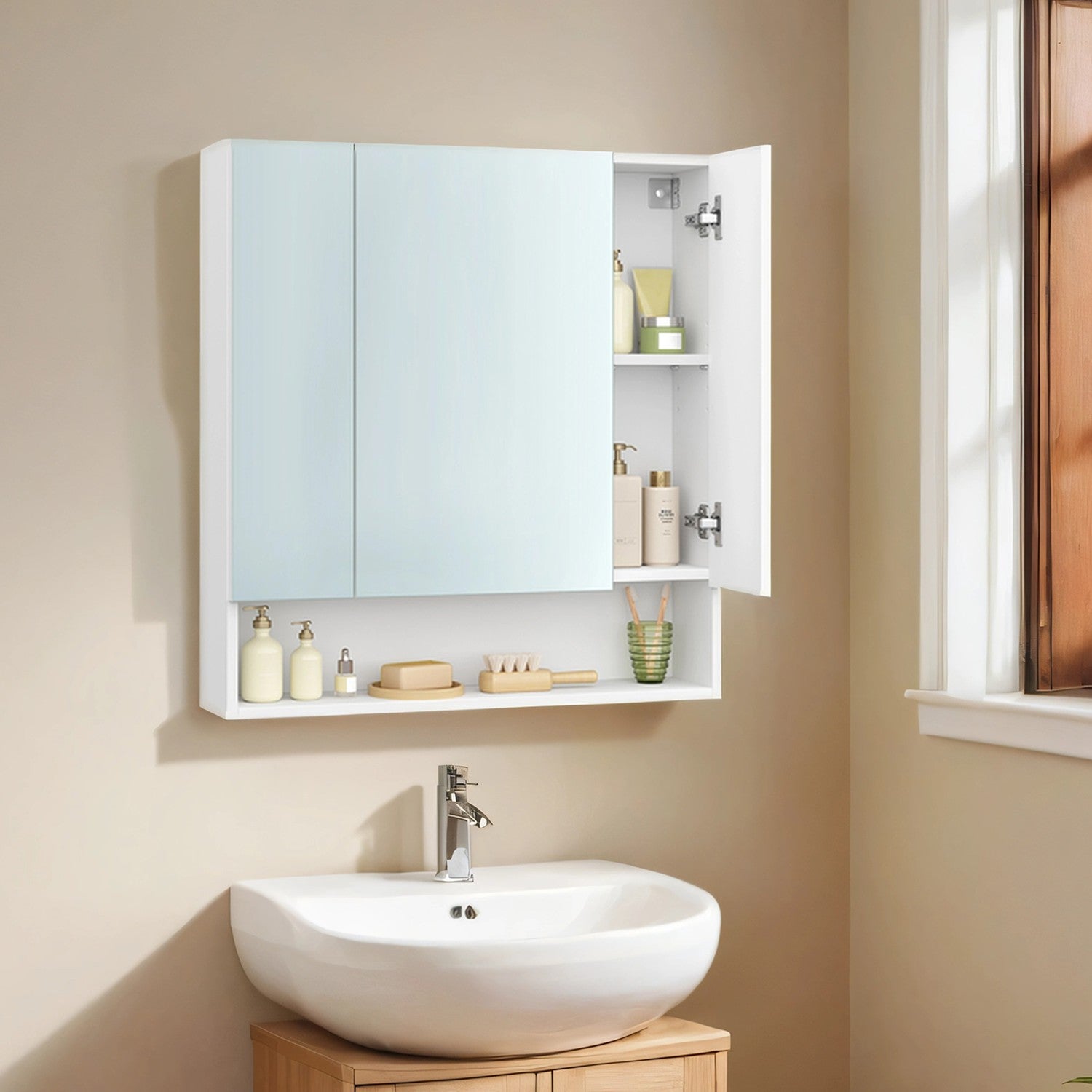 Bathroom Mirror Cabinet - Wood - Cloud White - Adjustable Shelves