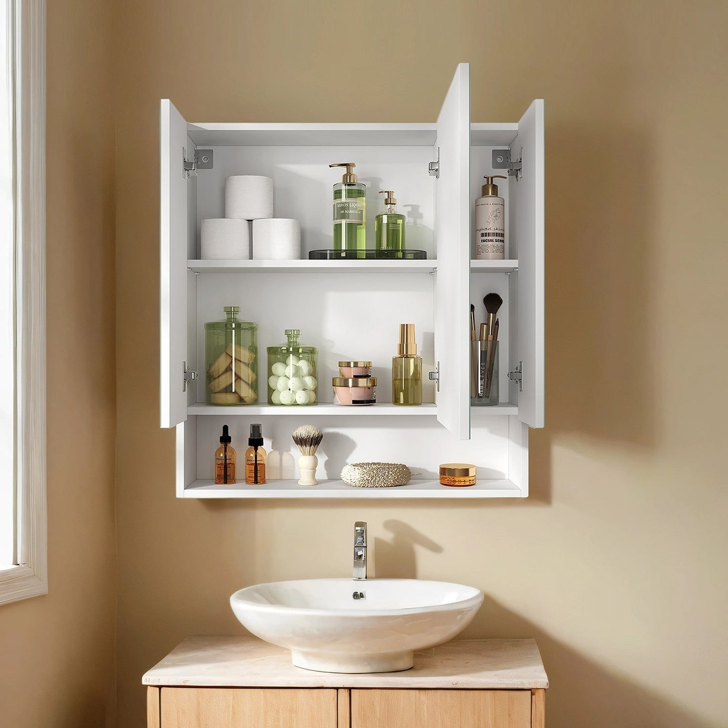 Bathroom Mirror Cabinet - Wood - Cloud White - Adjustable Shelves
