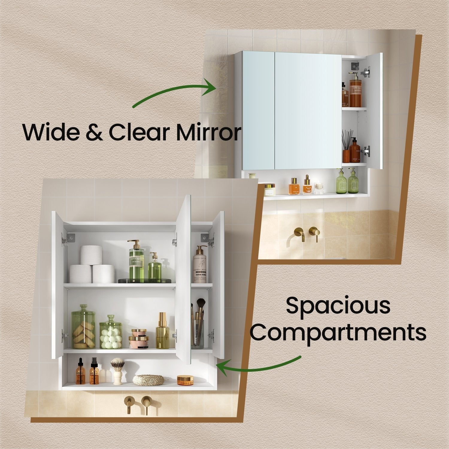 Bathroom Mirror Cabinet - Wood - Cloud White - Adjustable Shelves