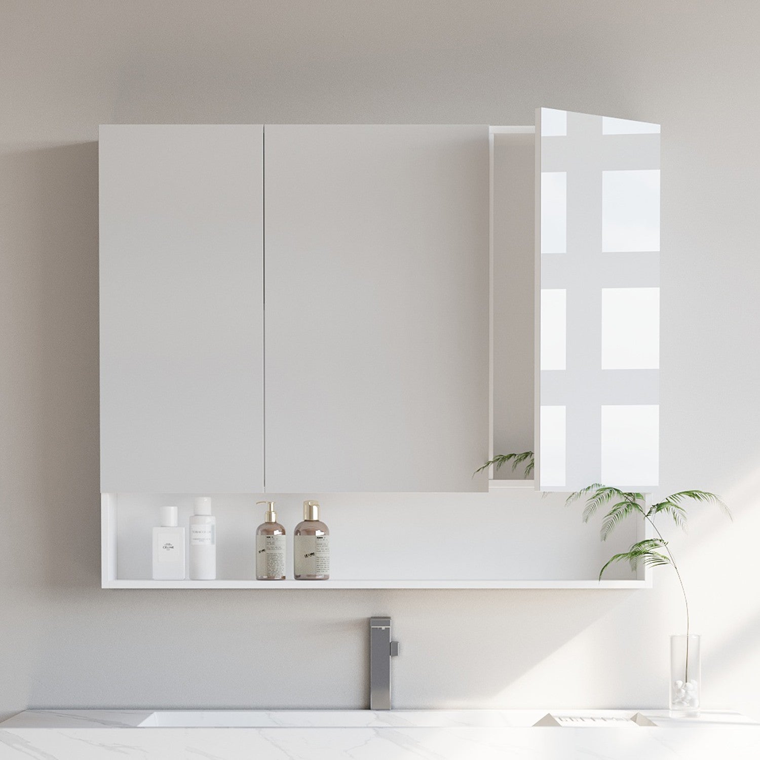 Wall-Mounted Bathroom Mirror Cabinet - Wood - Cloud White - Adjustable Shelving and Open Shelf