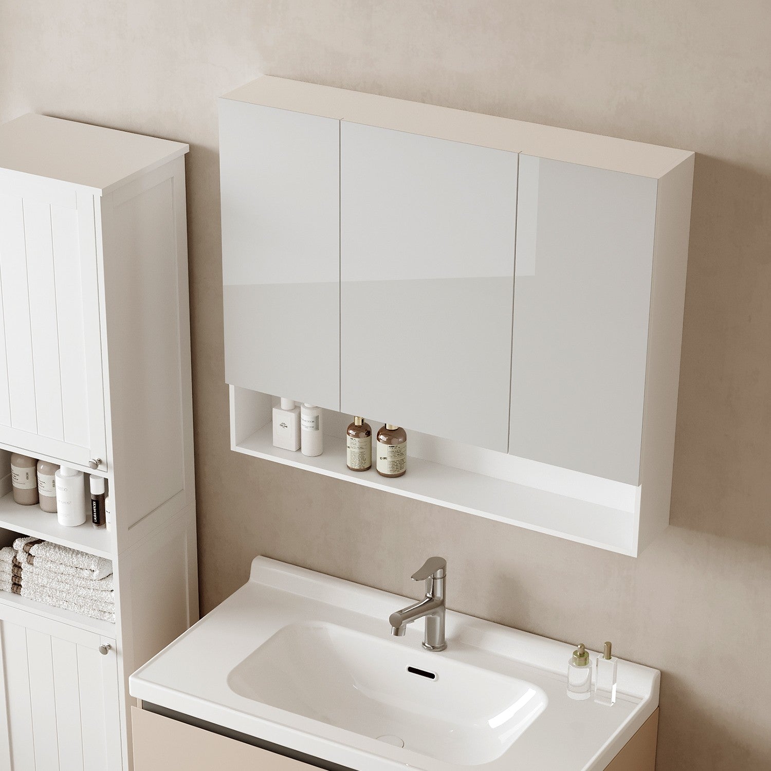 Wall-Mounted Bathroom Mirror Cabinet - Wood - Cloud White - Adjustable Shelving and Open Shelf
