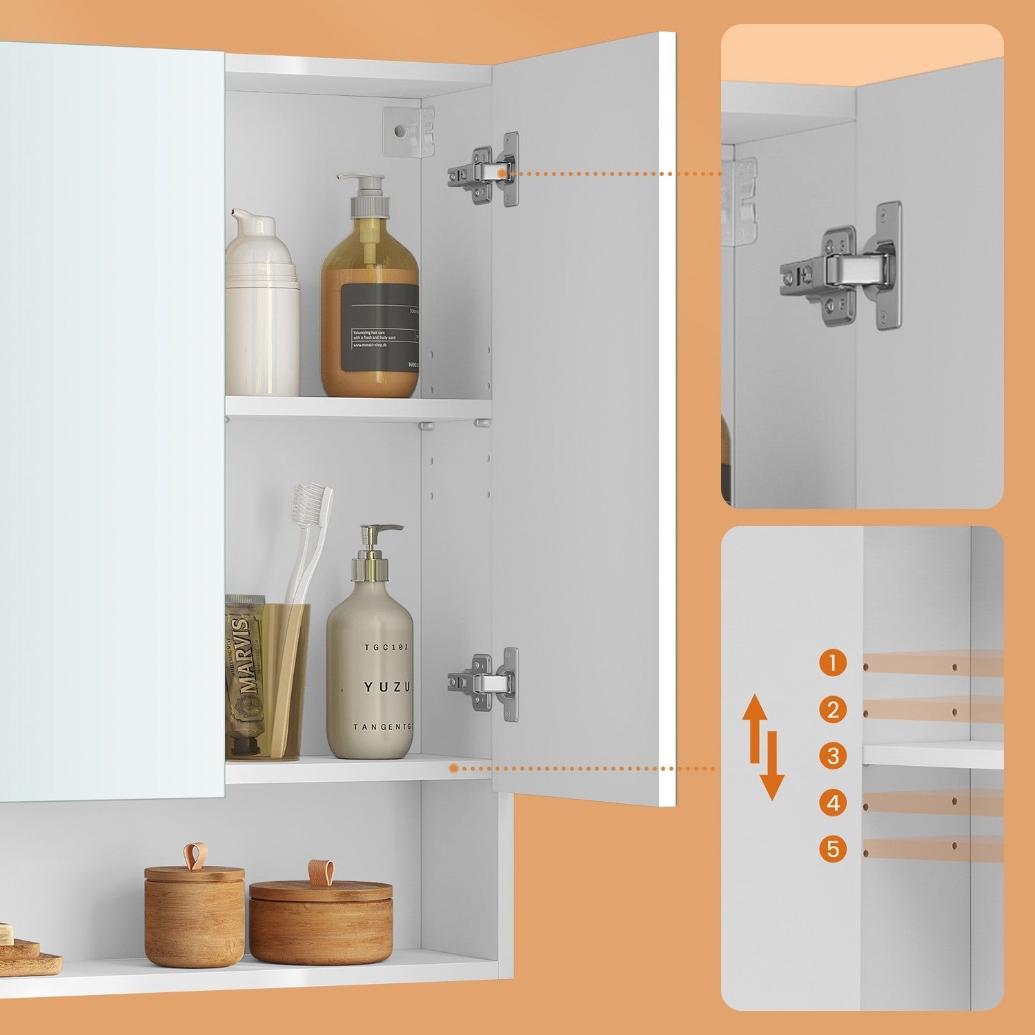Wall-Mounted Bathroom Mirror Cabinet - Wood - Cloud White - Adjustable Shelving and Open Shelf