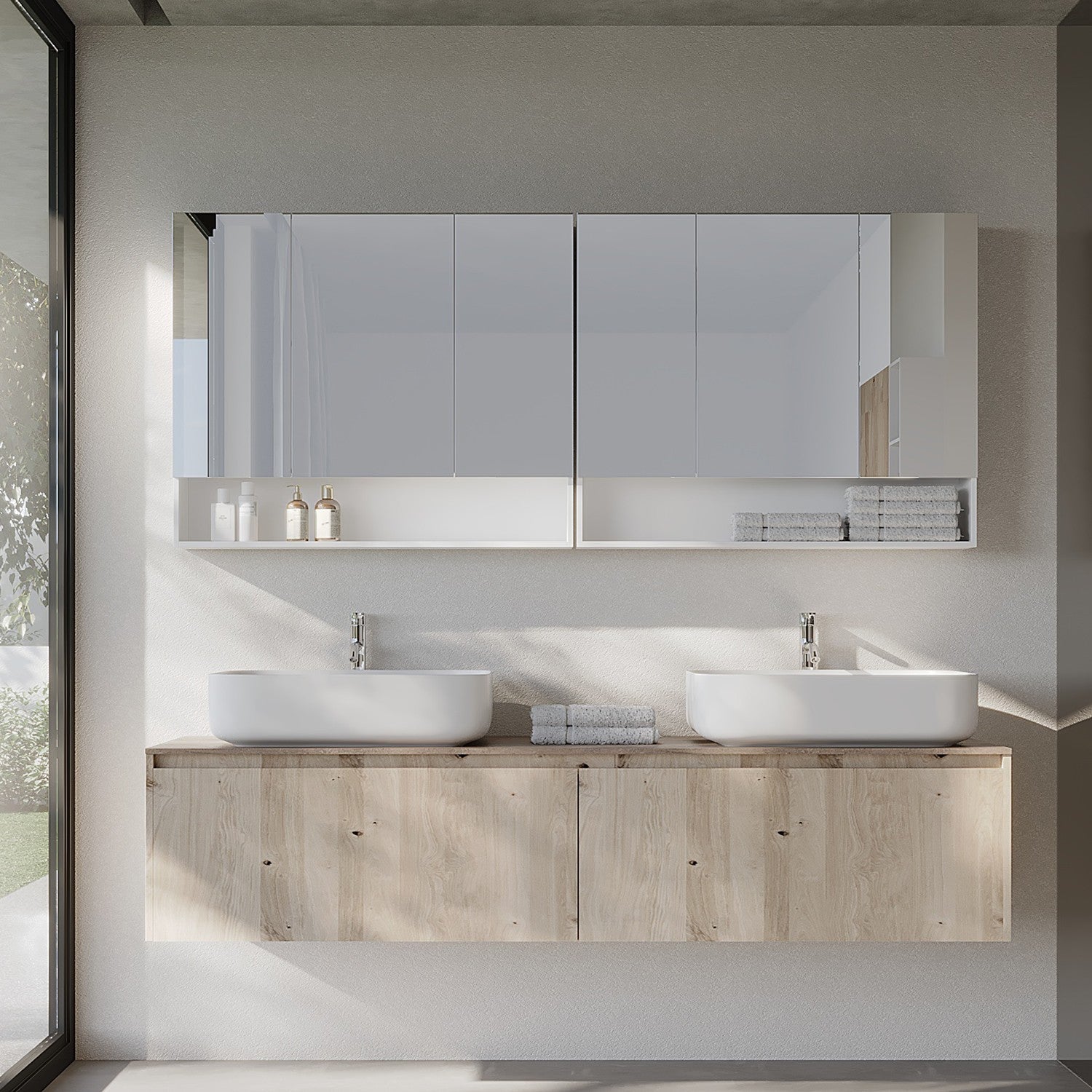 Wall-Mounted Bathroom Mirror Cabinet - Wood - Cloud White - Adjustable Shelving and Open Shelf