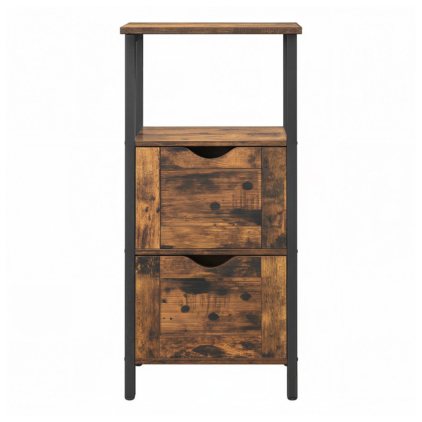 Storage Tower - Wood - Rustic Brown and Black - Slim Design with 3 Drawers and Open Compartment