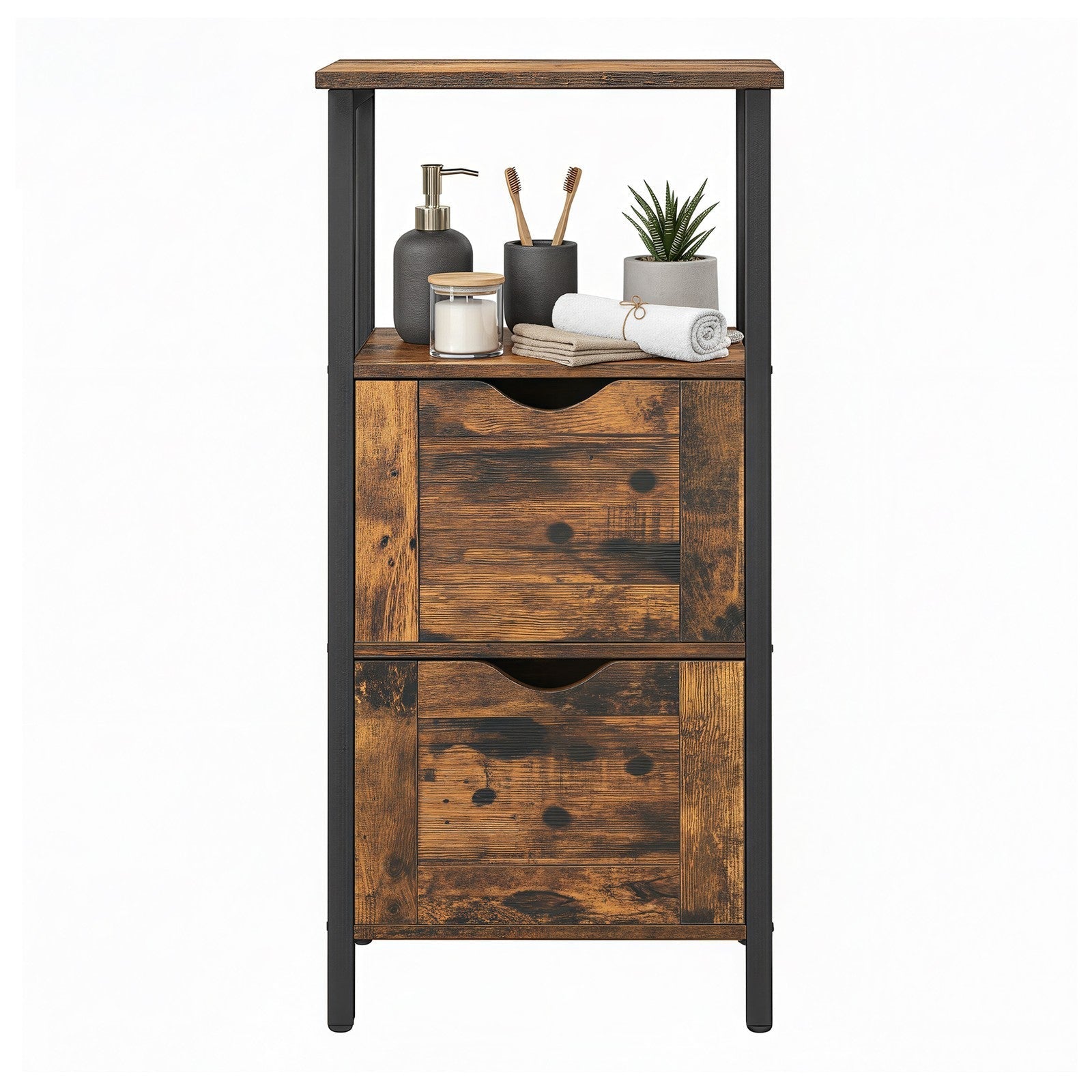 Storage Tower - Wood - Rustic Brown and Black - Slim Design with 3 Drawers and Open Compartment