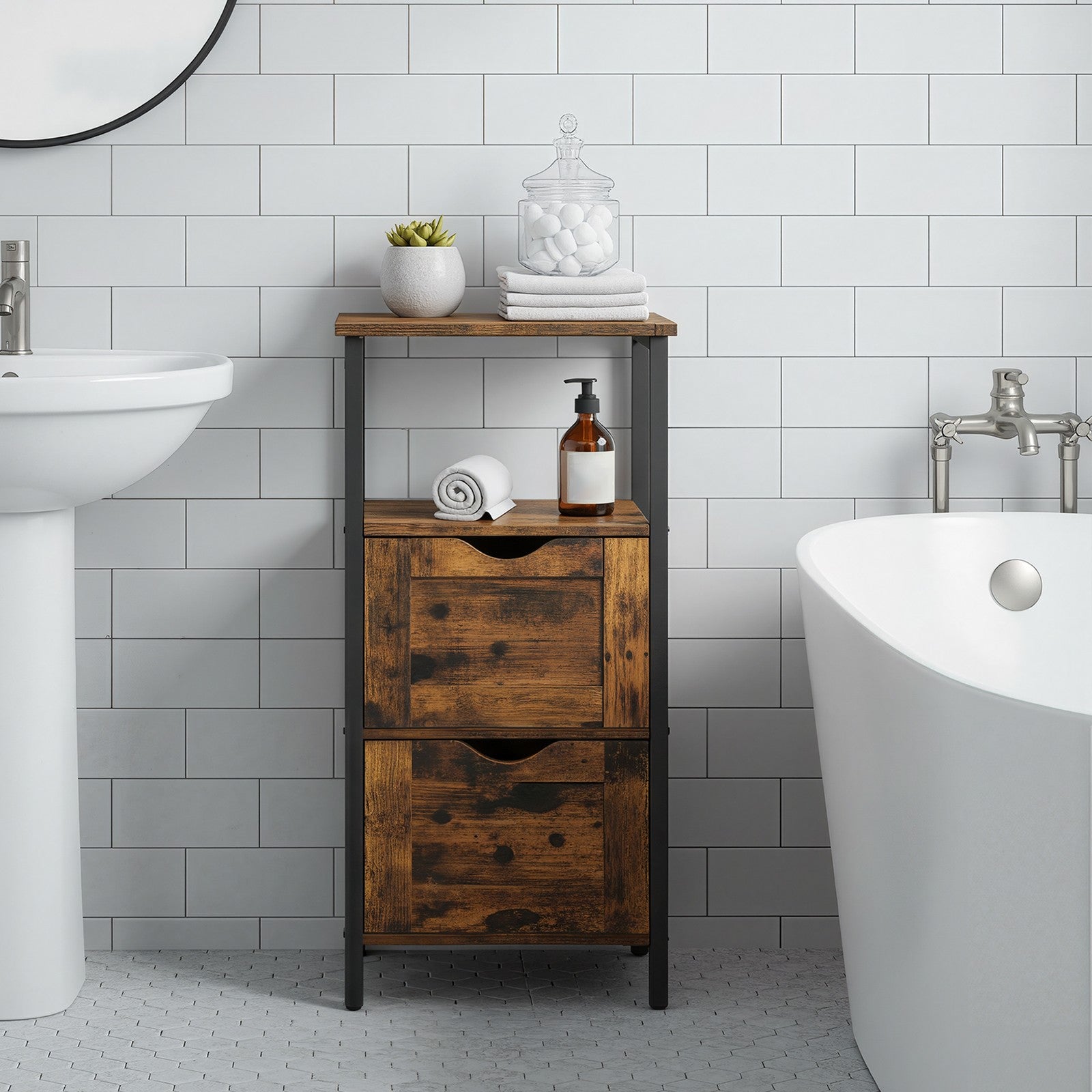 Storage Tower - Wood - Rustic Brown and Black - Slim Design with 3 Drawers and Open Compartment