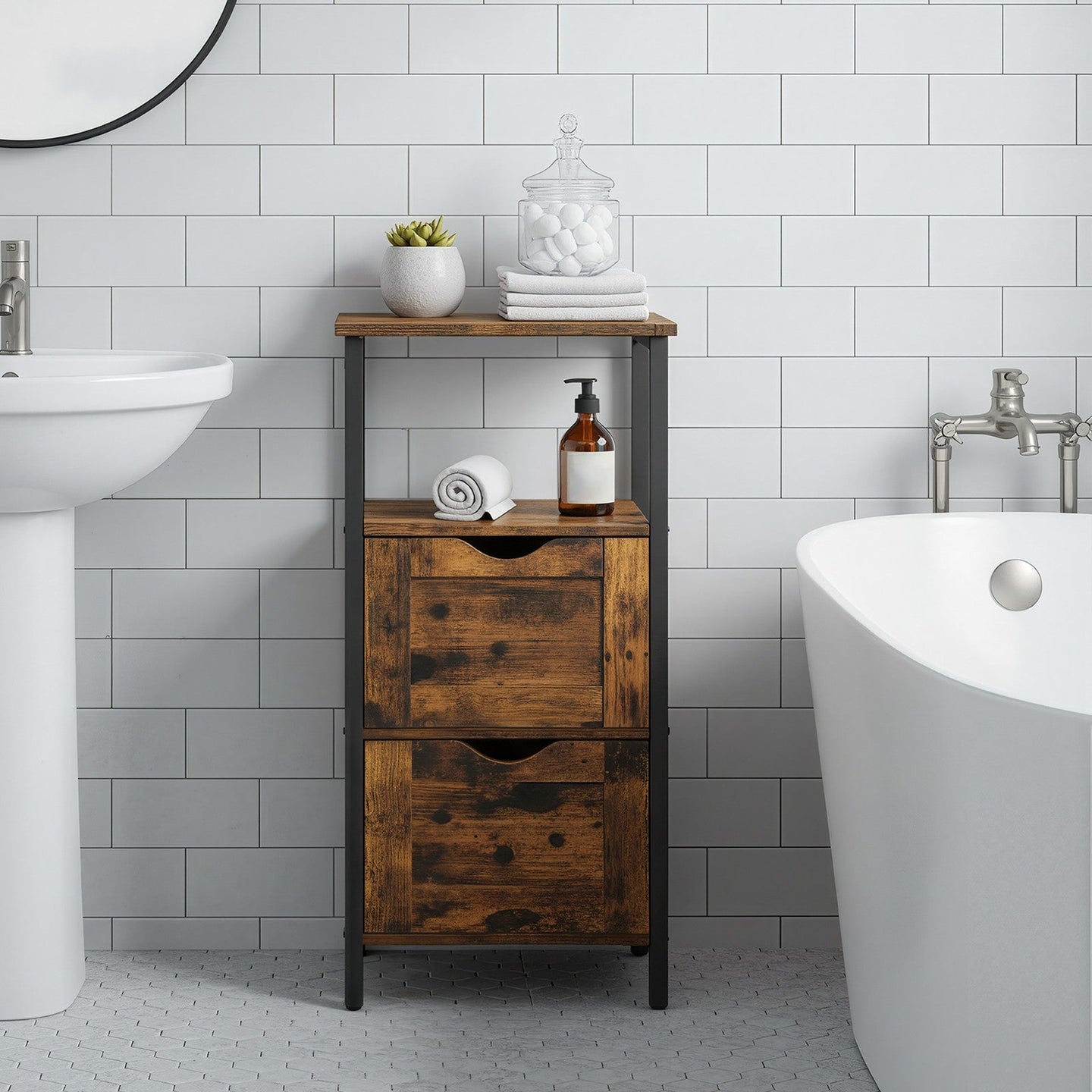 Storage Tower - Wood - Rustic Brown and Black - Slim Design with 3 Drawers and Open Compartment