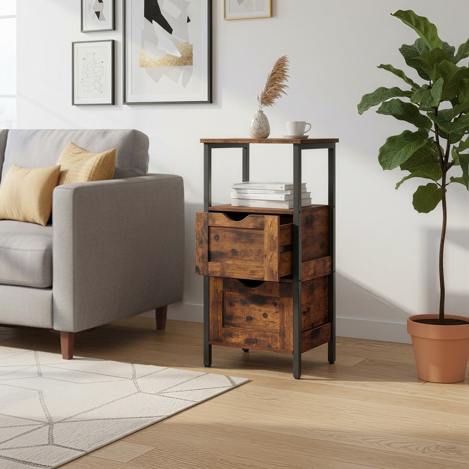 Storage Tower - Wood - Rustic Brown and Black - Slim Design with 3 Drawers and Open Compartment
