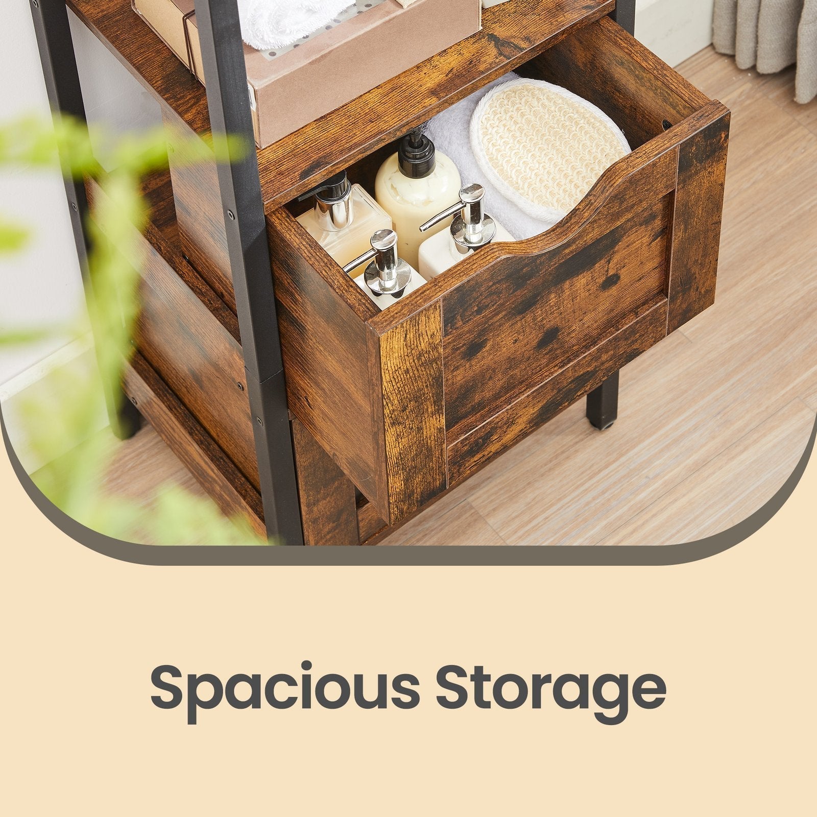 Storage Tower - Wood - Rustic Brown and Black - Slim Design with 3 Drawers and Open Compartment