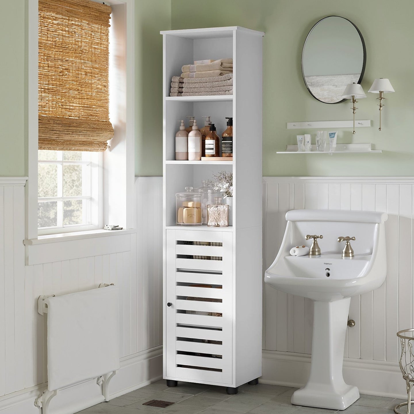 Tall Bathroom Storage Cabinet - Engineered Wood - Rustic Brown - 3 Open Compartments