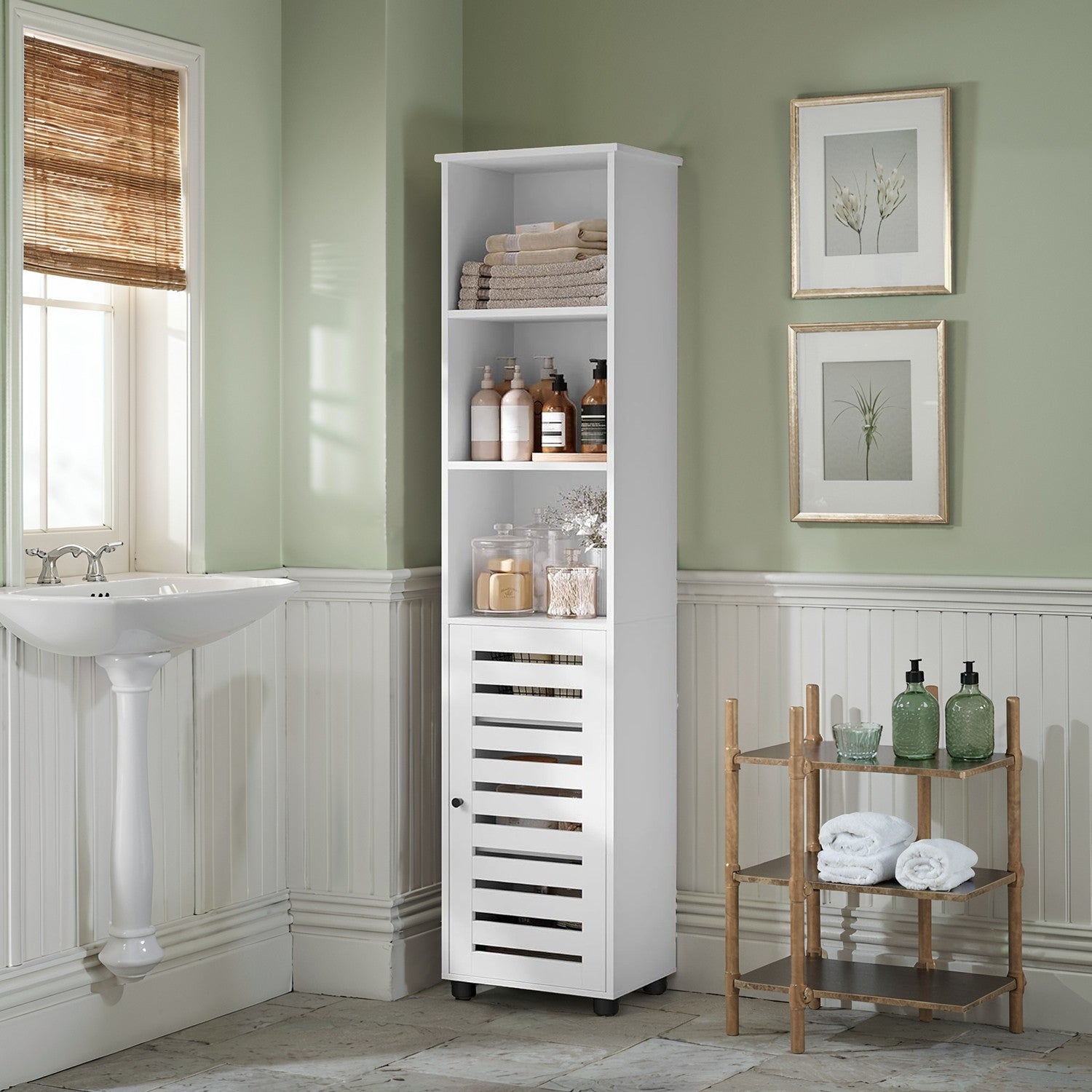 Tall Bathroom Storage Cabinet - Engineered Wood - Rustic Brown - 3 Open Compartments