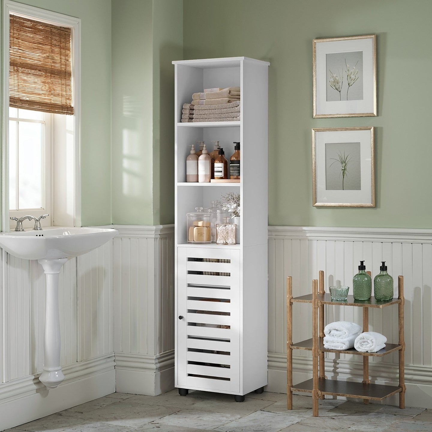 Tall Bathroom Storage Cabinet - Engineered Wood - Rustic Brown - 3 Open Compartments