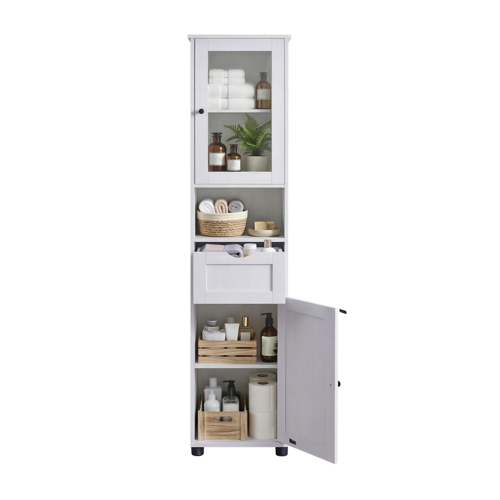 Tall Bathroom Cabinet - Wood and Glass - Maple White