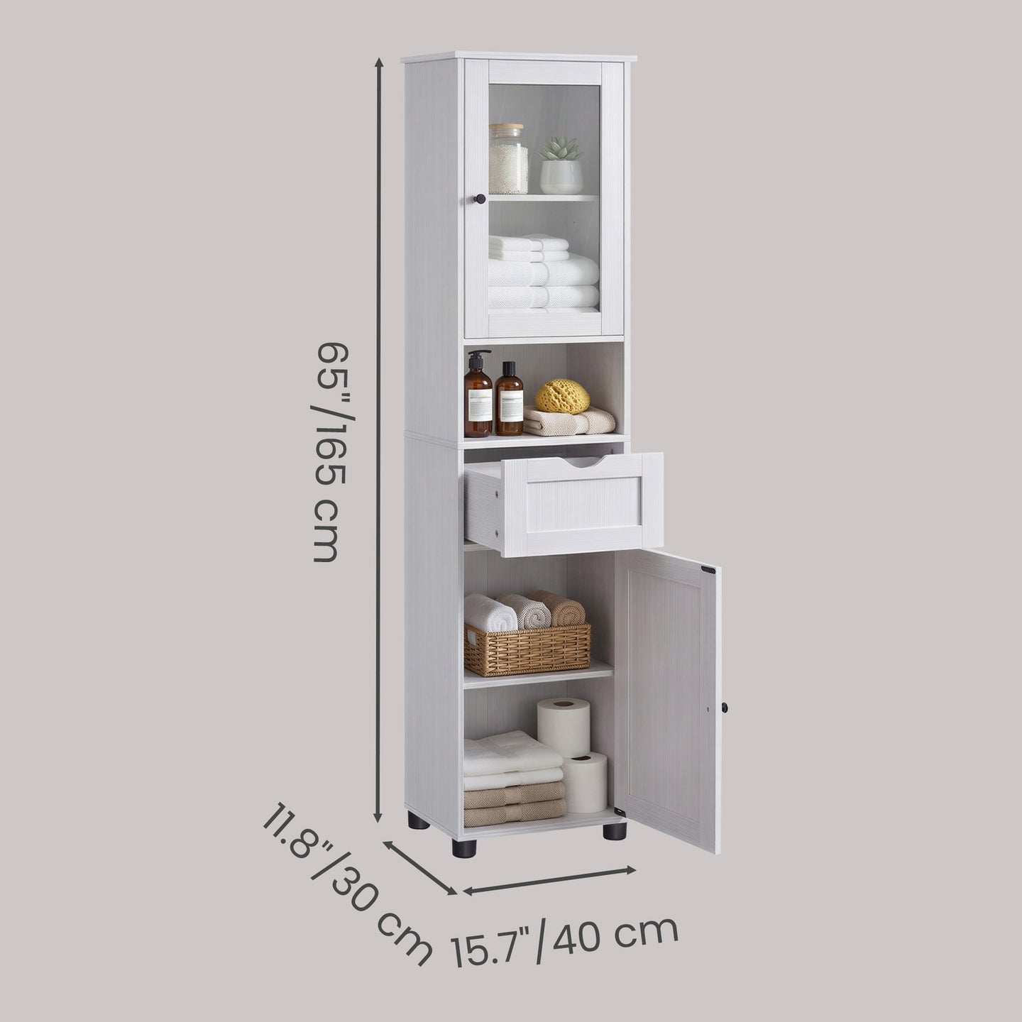 Tall Bathroom Cabinet - Wood and Glass - Maple White