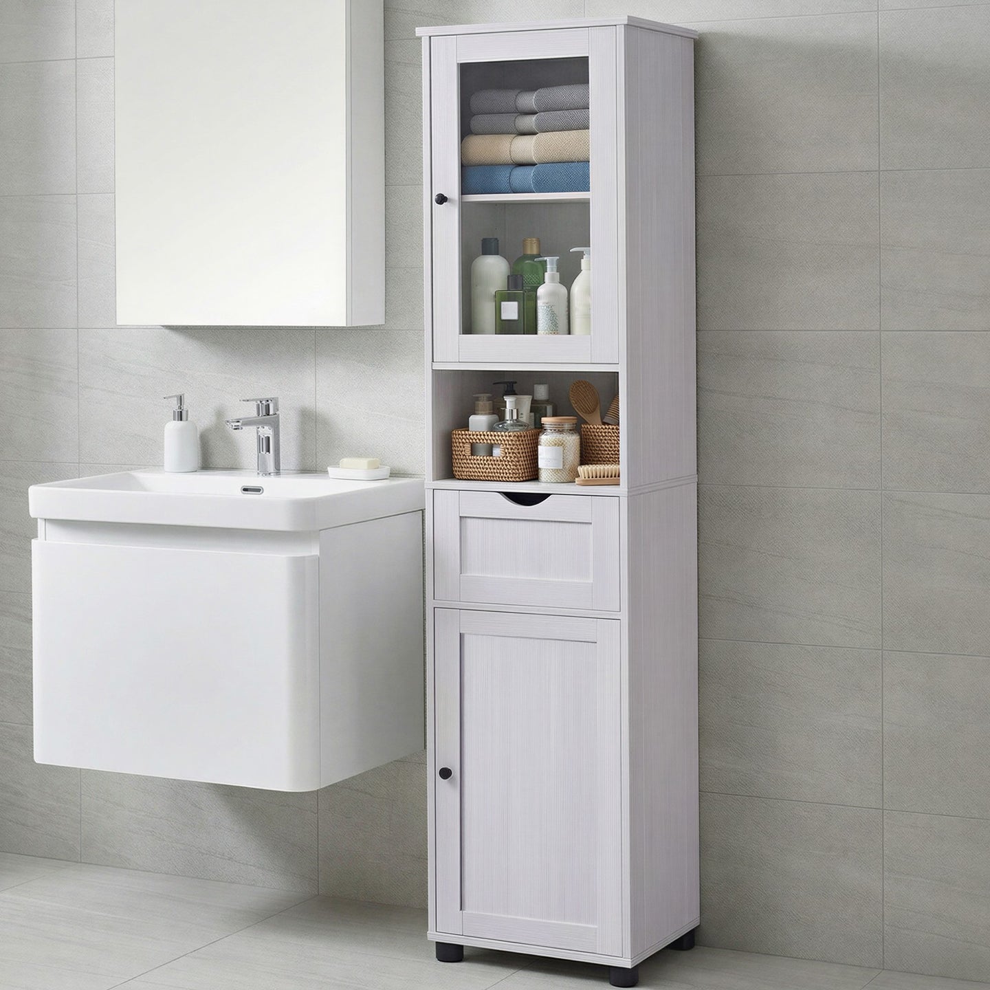 Tall Bathroom Cabinet - Wood and Glass - Maple White