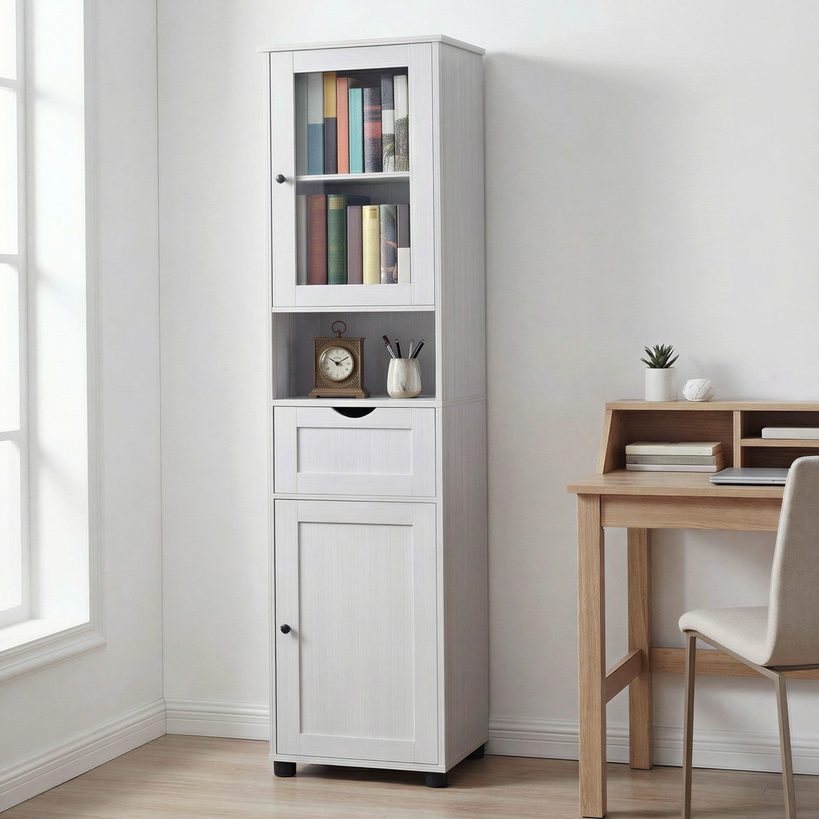 Tall Bathroom Cabinet - Wood and Glass - Maple White