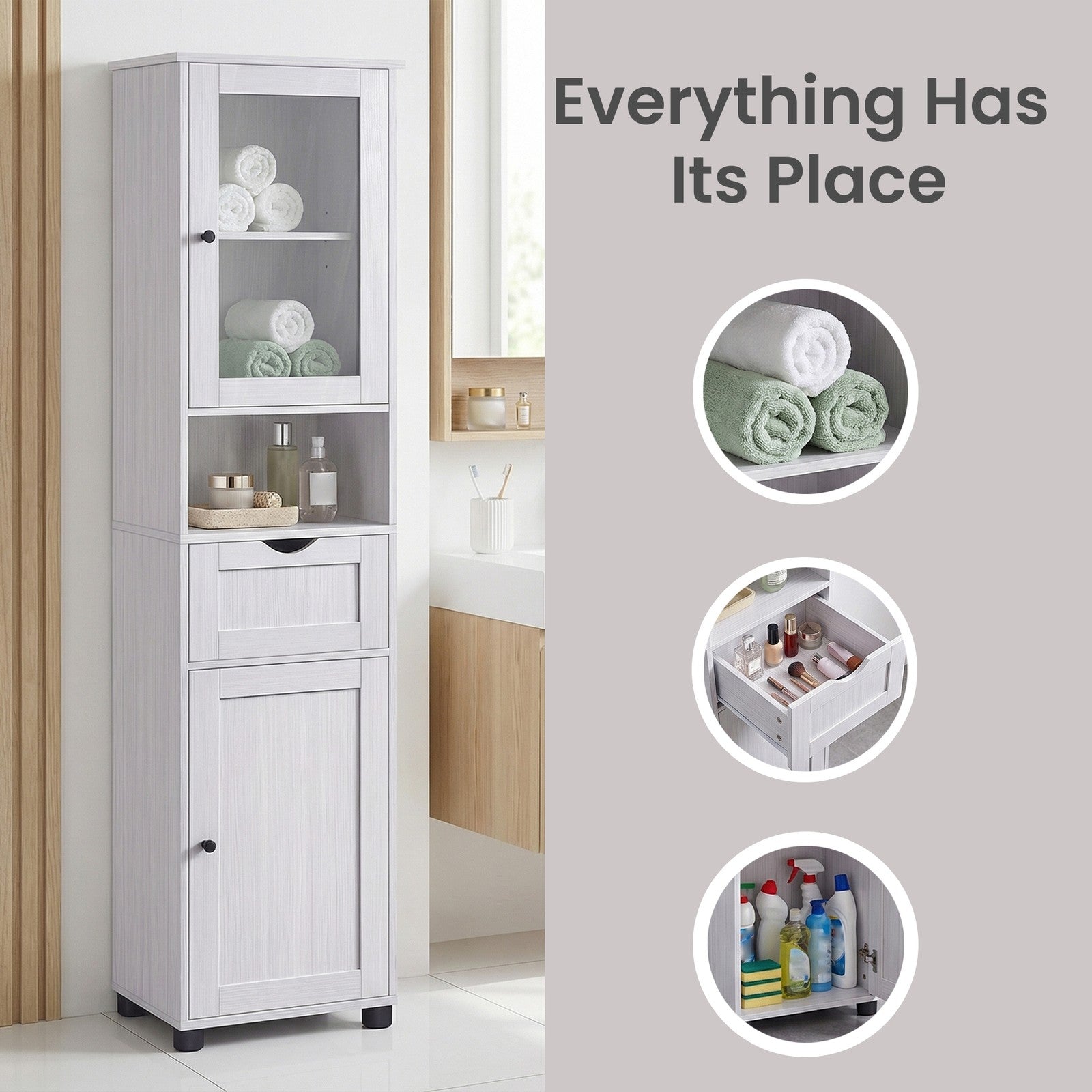 Tall Bathroom Cabinet - Wood and Glass - Maple White