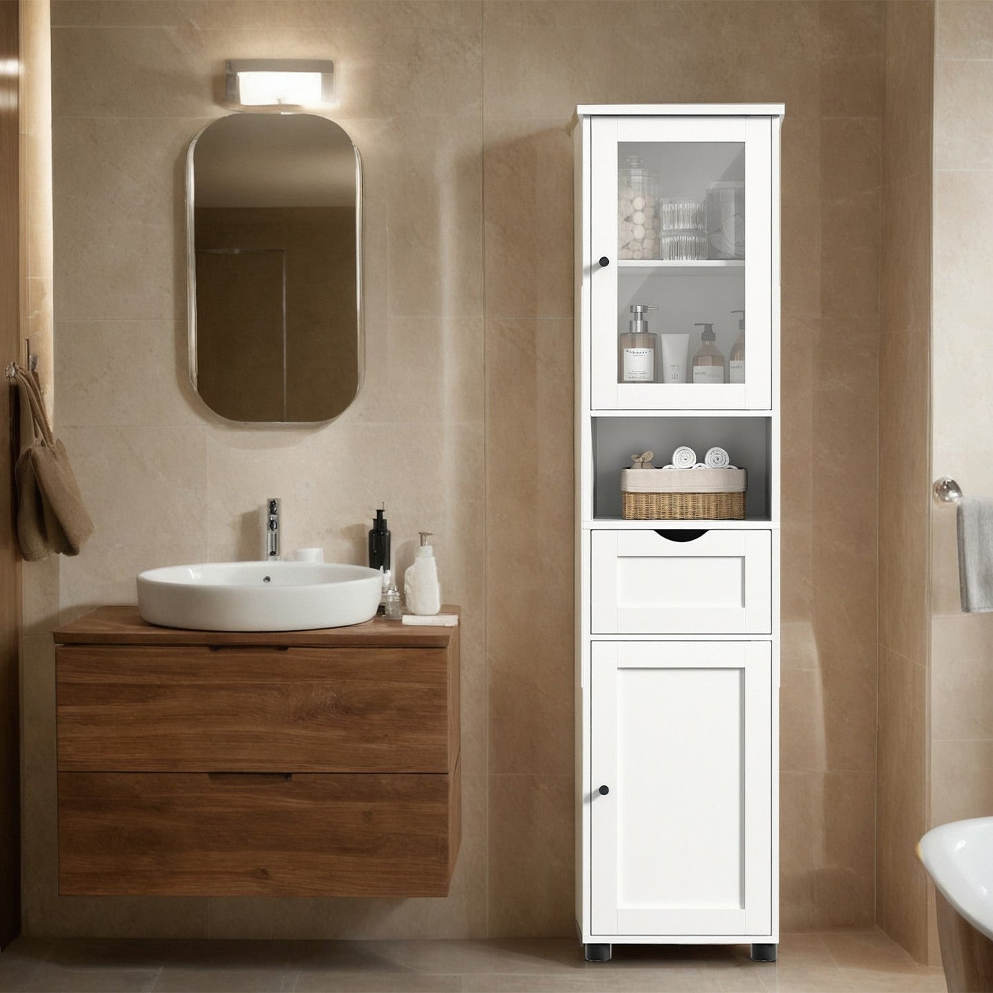 Tall Bathroom Storage Cabinet - Wood - Cloud White - Adjustable Shelves