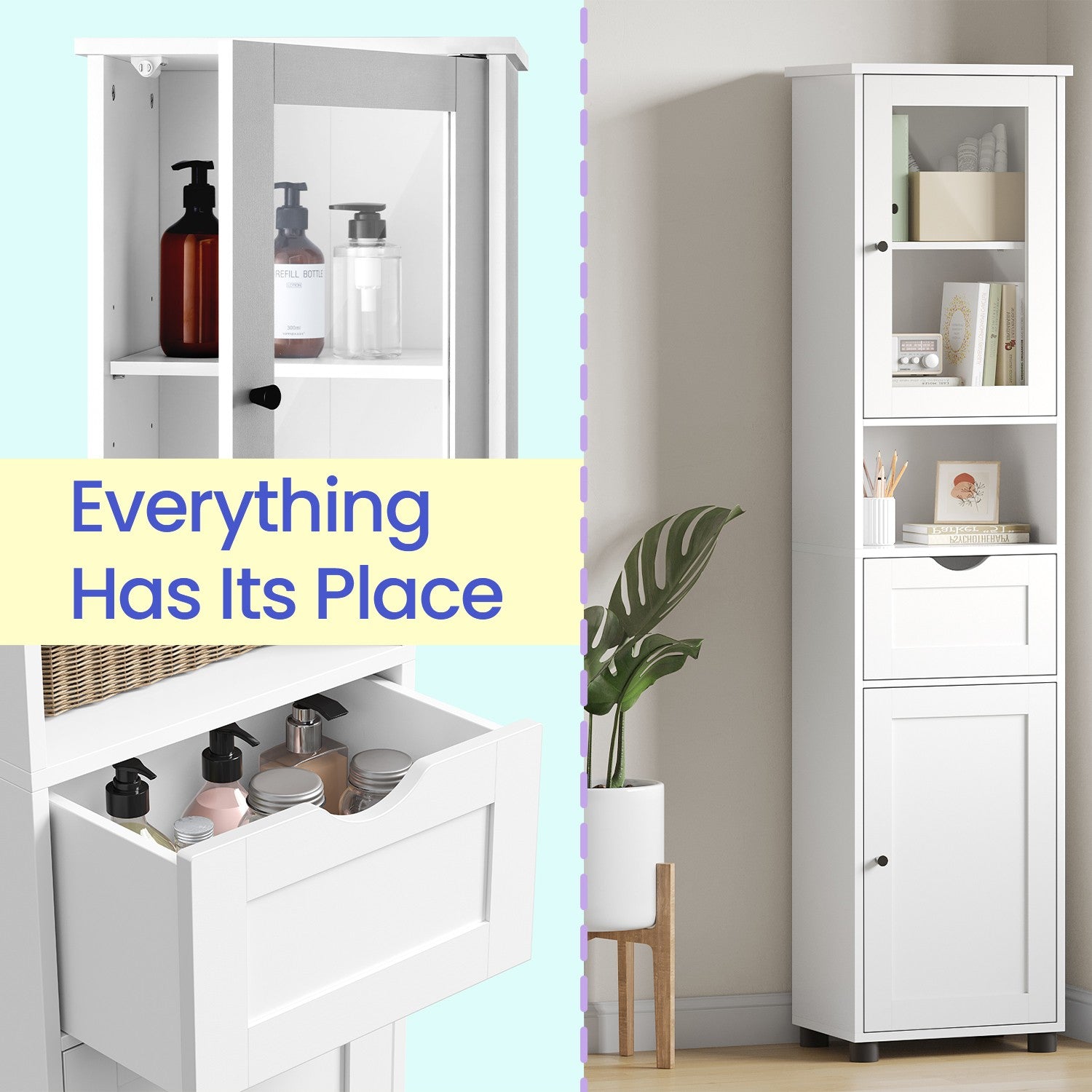 Tall Bathroom Storage Cabinet - Wood - Cloud White - Adjustable Shelves