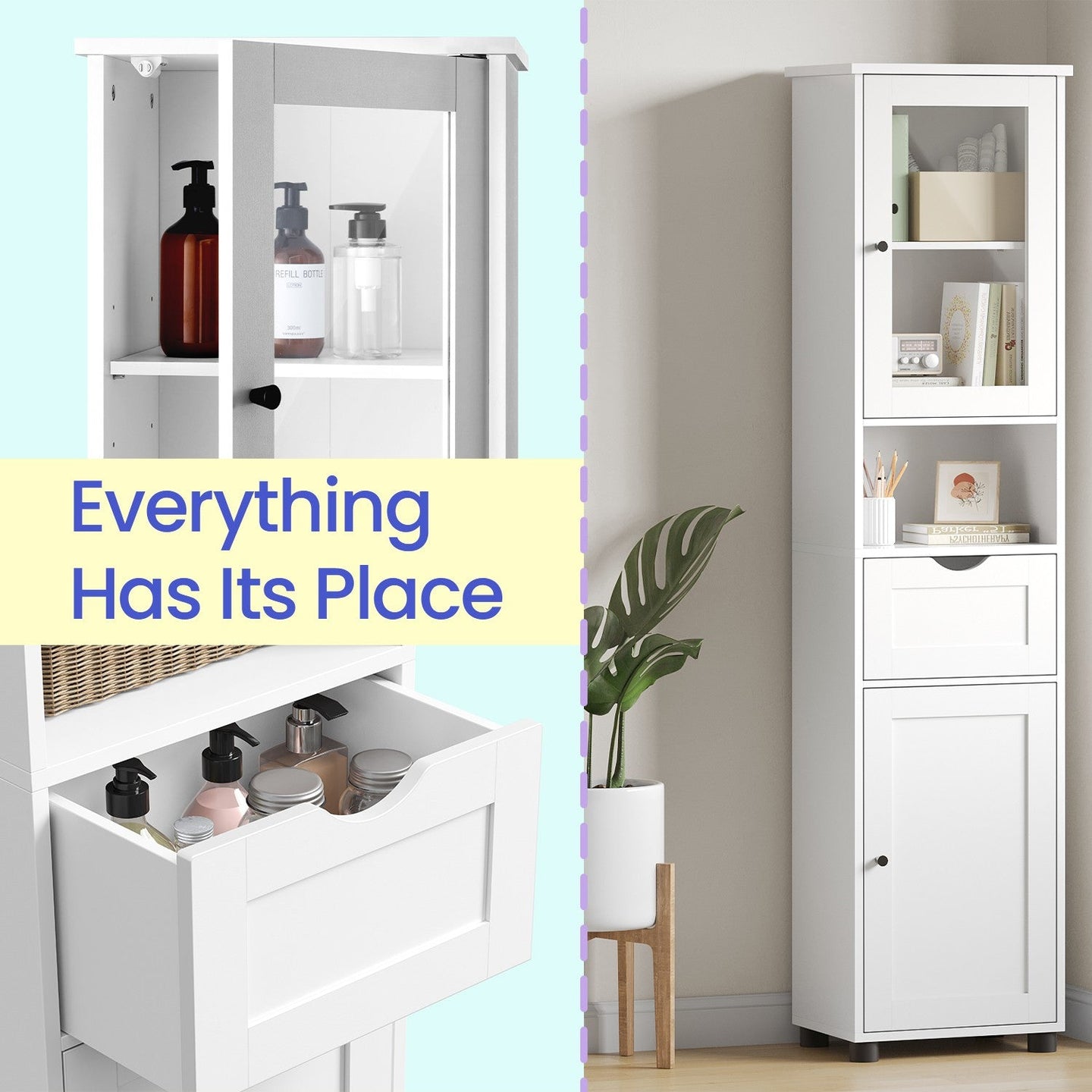 Tall Bathroom Storage Cabinet - Wood - Cloud White - Adjustable Shelves