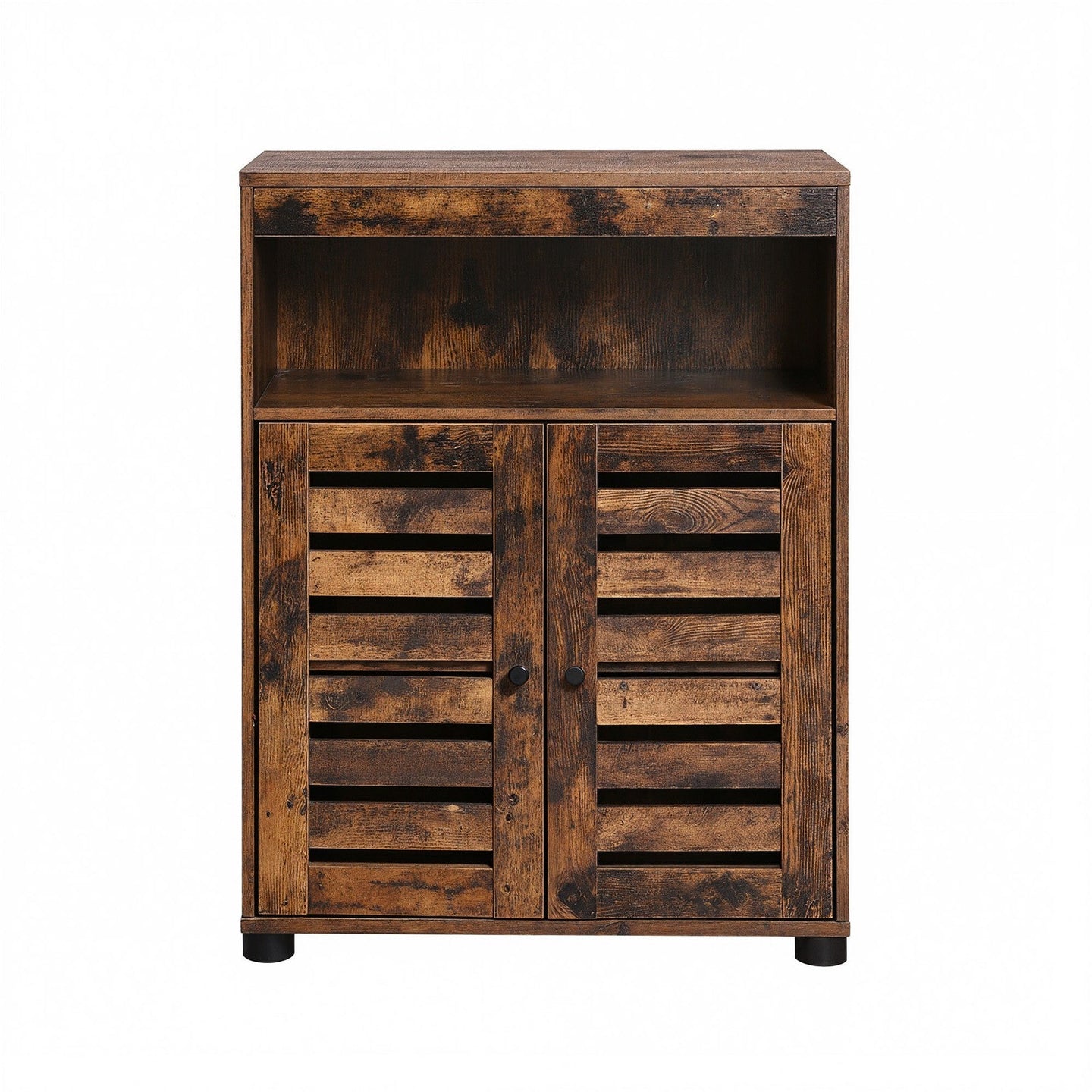 4-Tier Storage Shelf - Wood - Rustic Brown - Adjustable Shelves and Louvered Doors