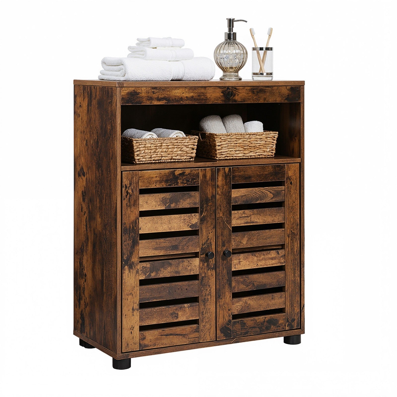 4-Tier Storage Shelf - Wood - Rustic Brown - Adjustable Shelves and Louvered Doors