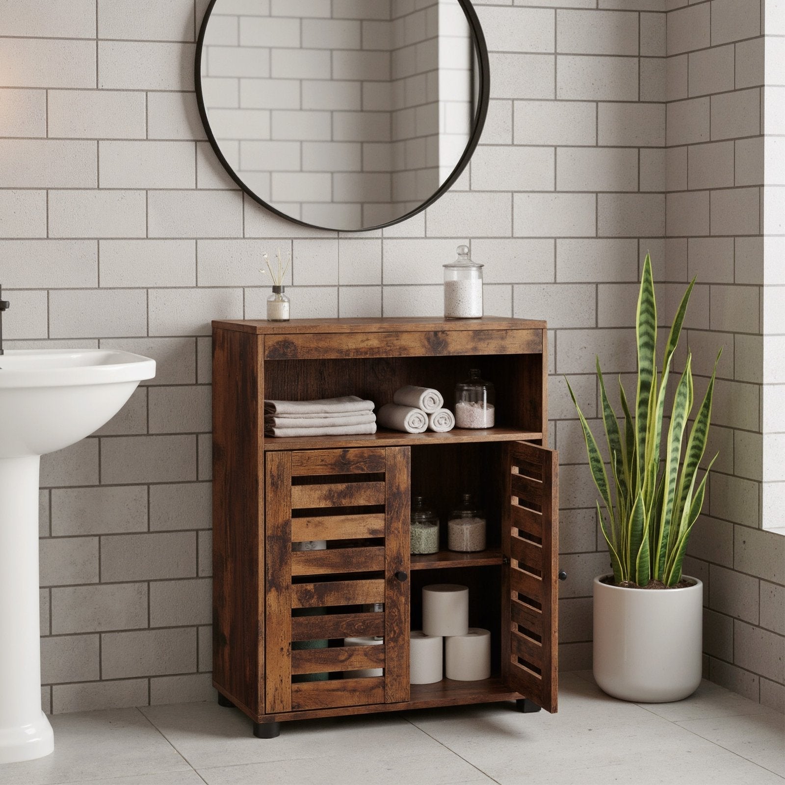 4-Tier Storage Shelf - Wood - Rustic Brown - Adjustable Shelves and Louvered Doors
