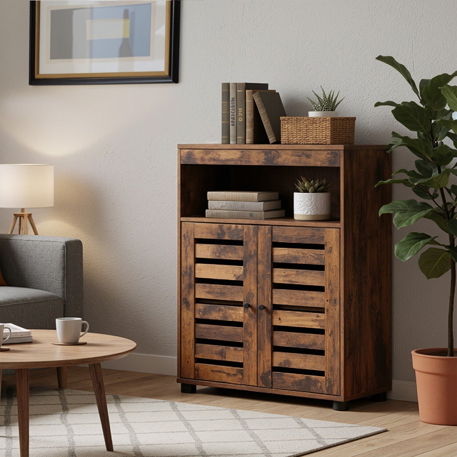 4-Tier Storage Shelf - Wood - Rustic Brown - Adjustable Shelves and Louvered Doors