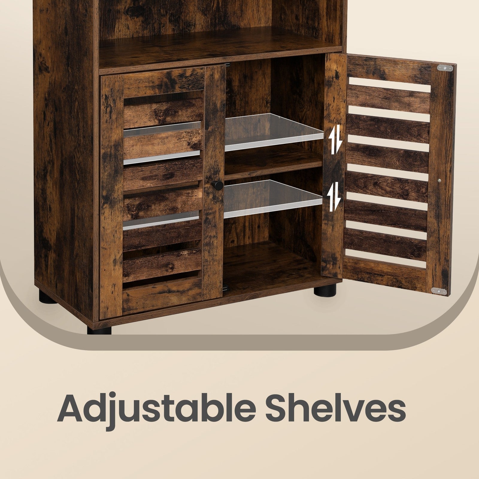 4-Tier Storage Shelf - Wood - Rustic Brown - Adjustable Shelves and Louvered Doors