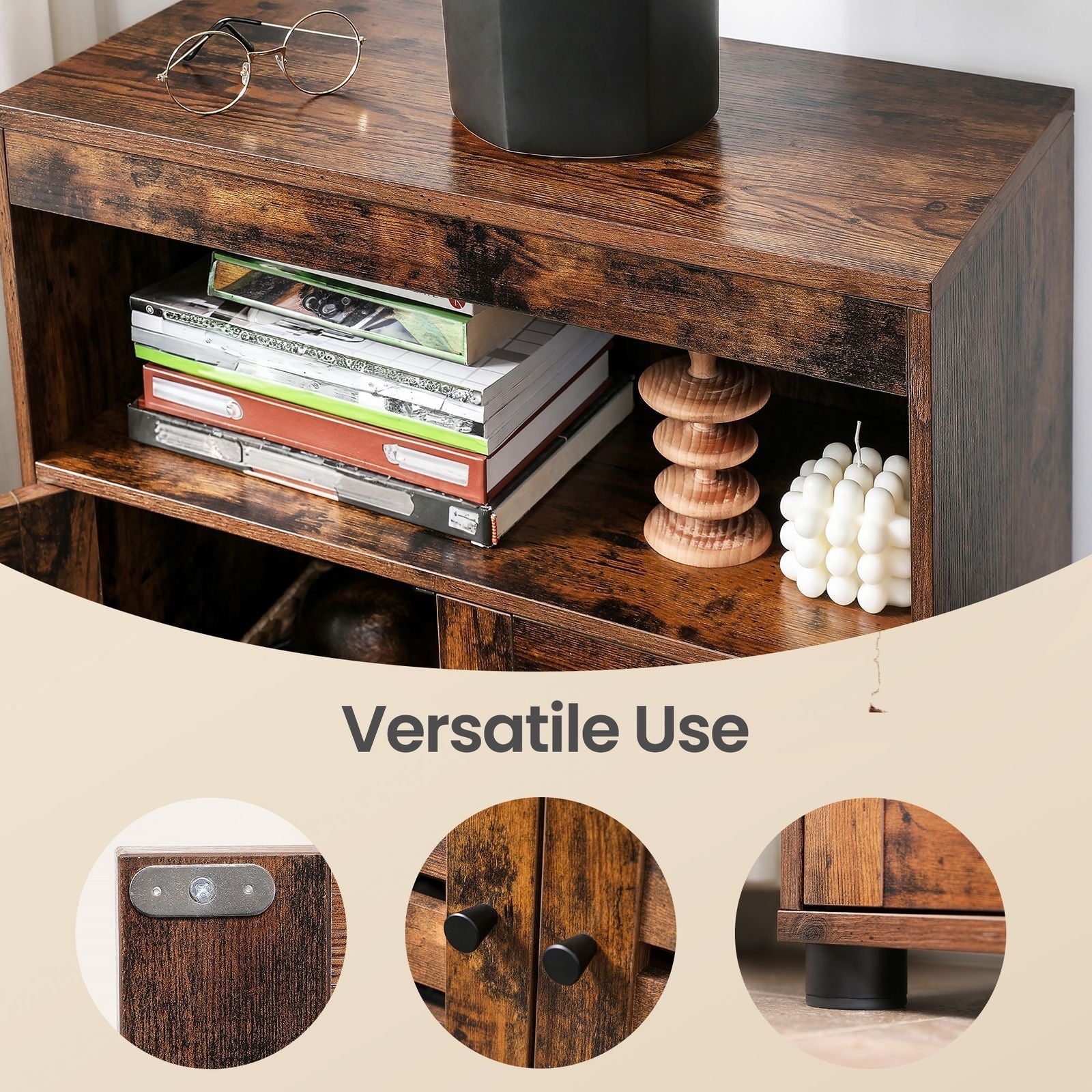 4-Tier Storage Shelf - Wood - Rustic Brown - Adjustable Shelves and Louvered Doors