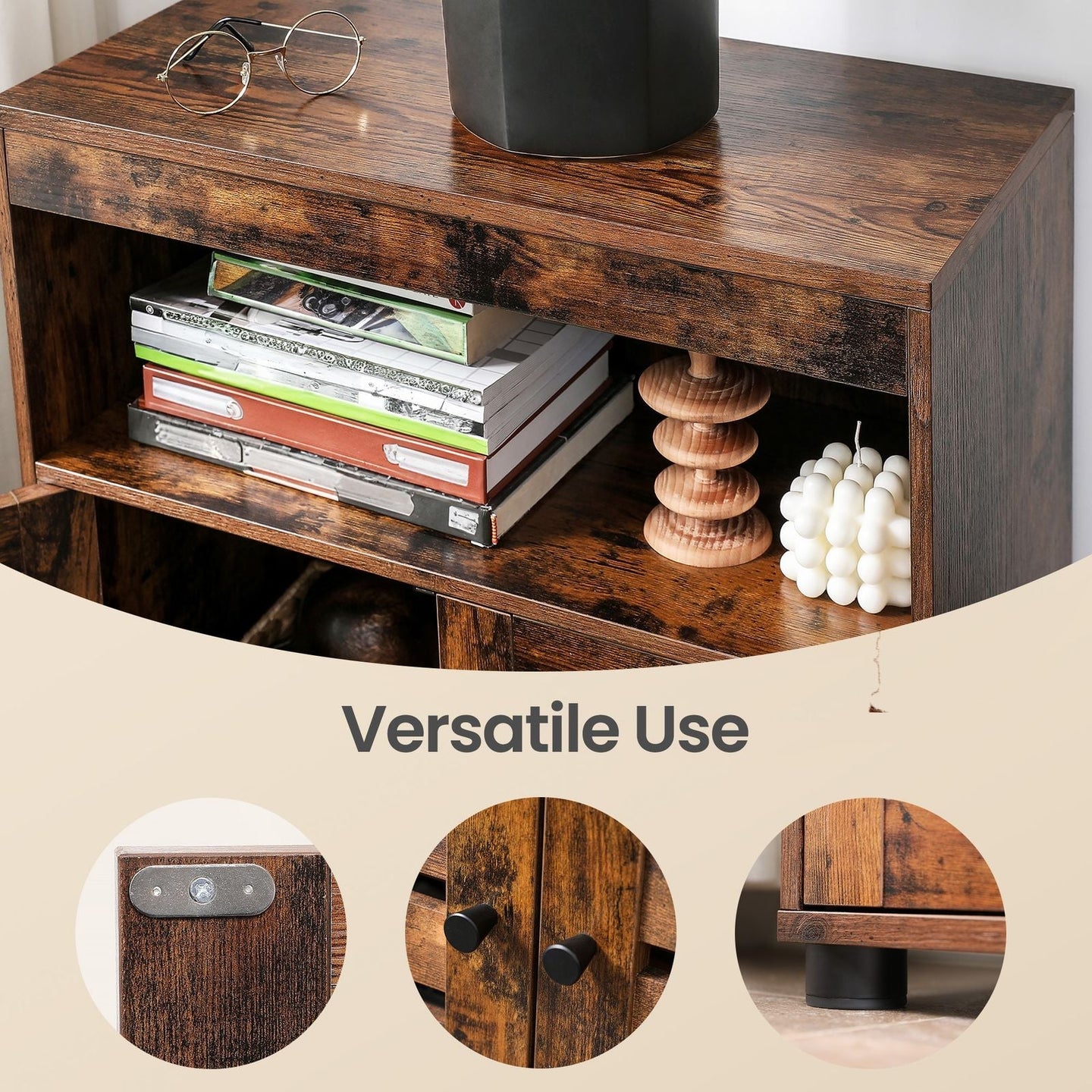 4-Tier Storage Shelf - Wood - Rustic Brown - Adjustable Shelves and Louvered Doors