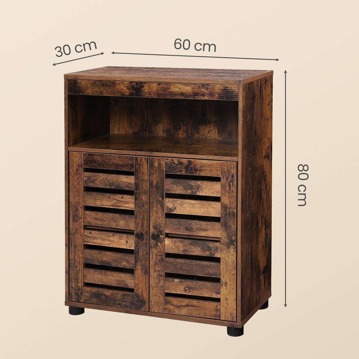 4-Tier Storage Shelf - Wood - Rustic Brown - Adjustable Shelves and Louvered Doors