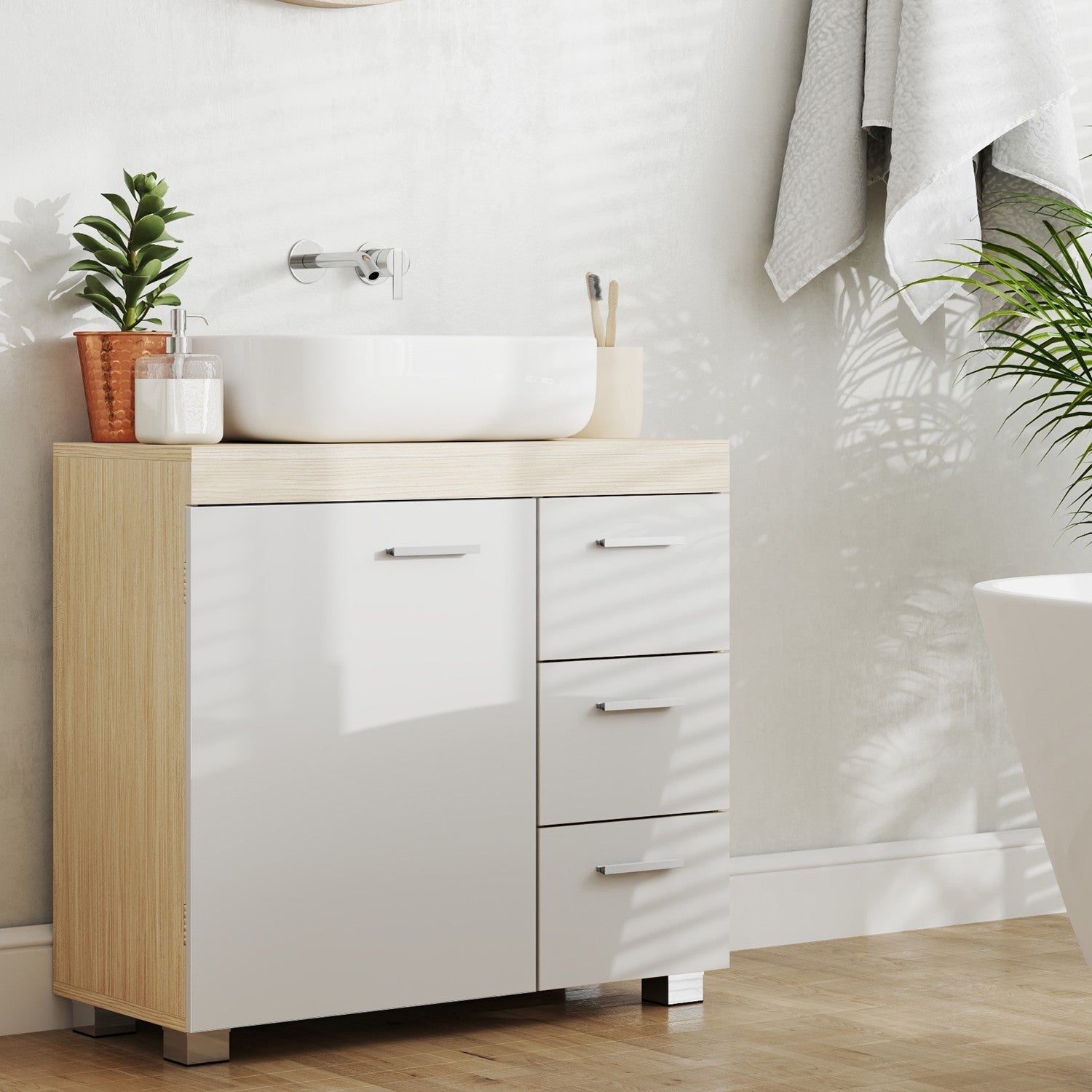Under Sink Bathroom Cabinet - Wood - Cloud White - 3 Drawer Storage Solution for Washbasins with Pedestal