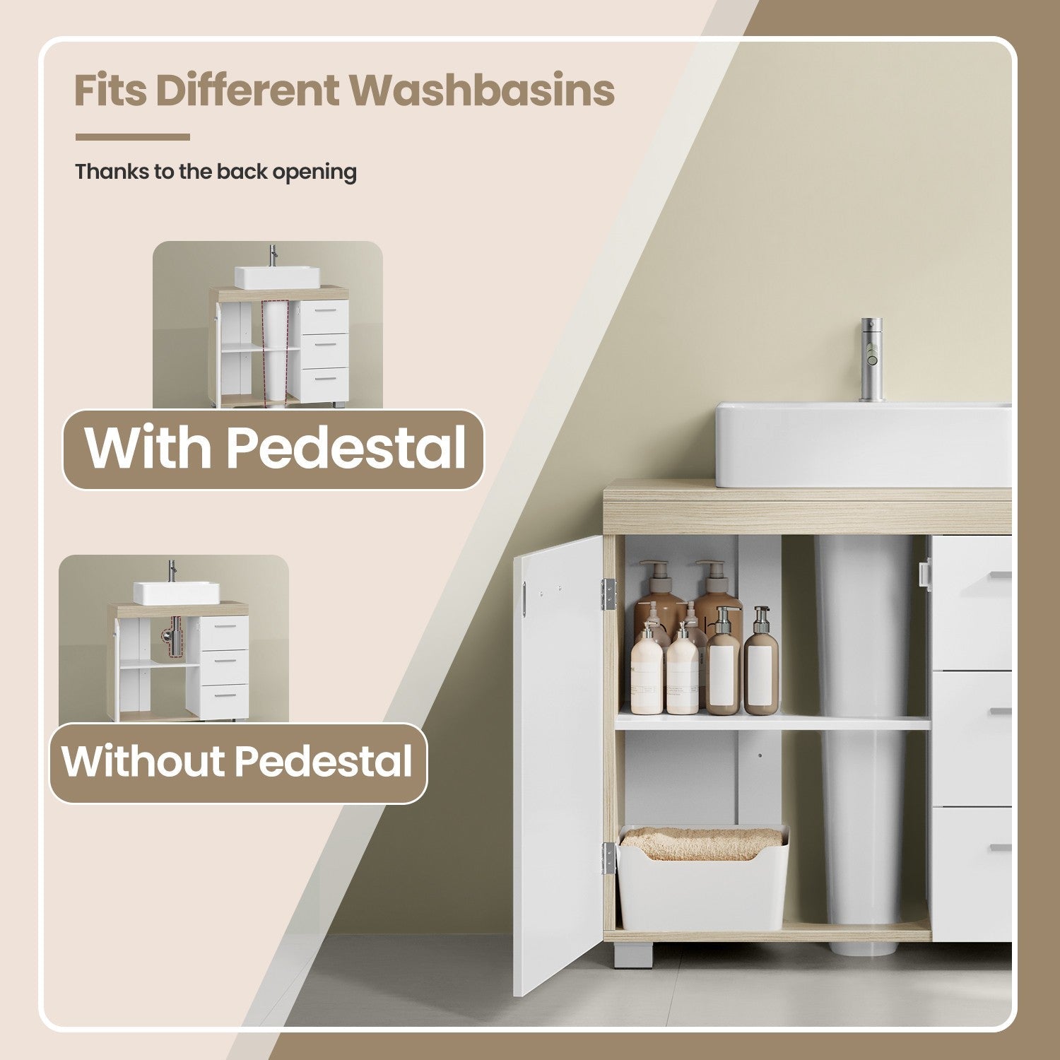 Under Sink Bathroom Cabinet - Wood - Cloud White - 3 Drawer Storage Solution for Washbasins with Pedestal