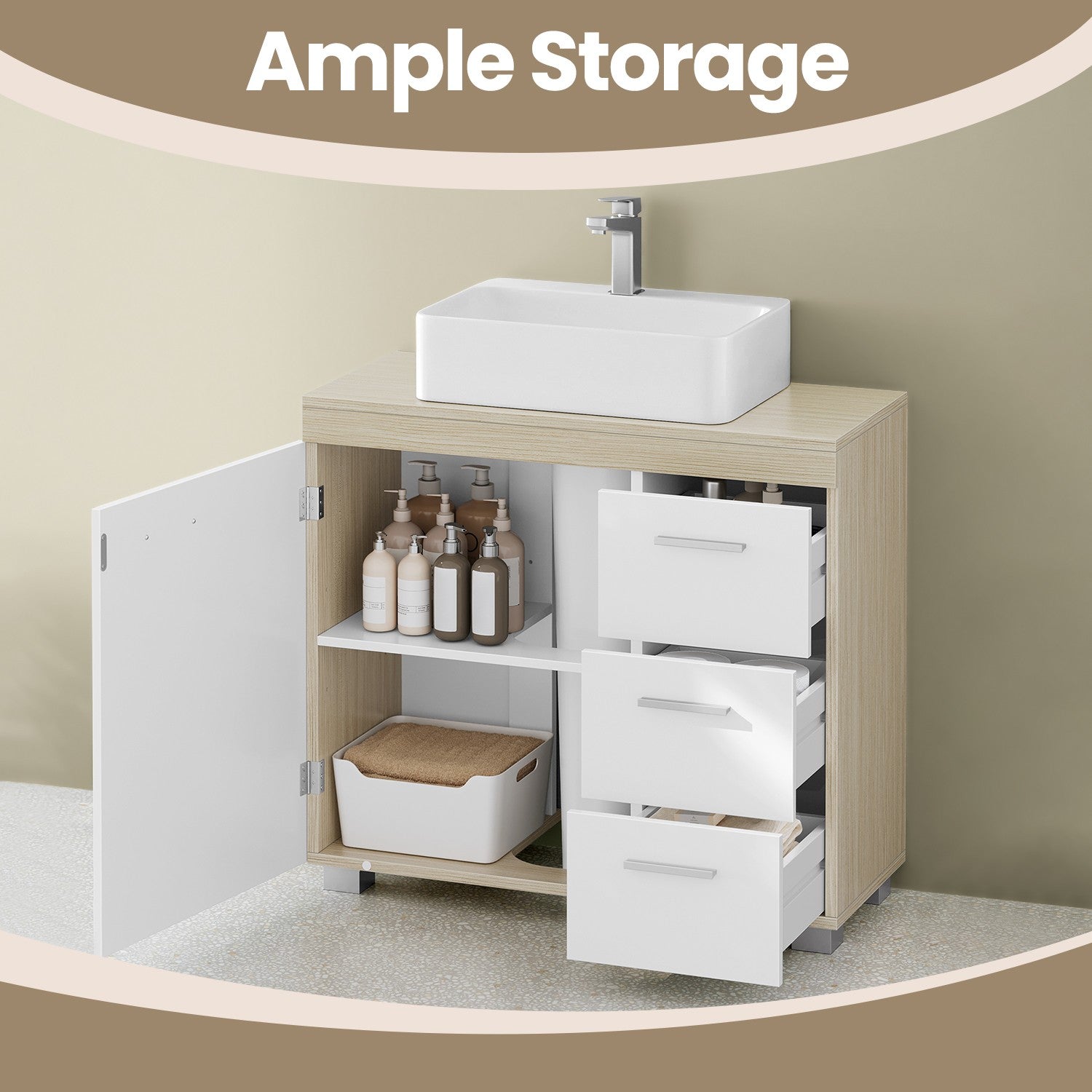 Under Sink Bathroom Cabinet - Wood - Cloud White - 3 Drawer Storage Solution for Washbasins with Pedestal