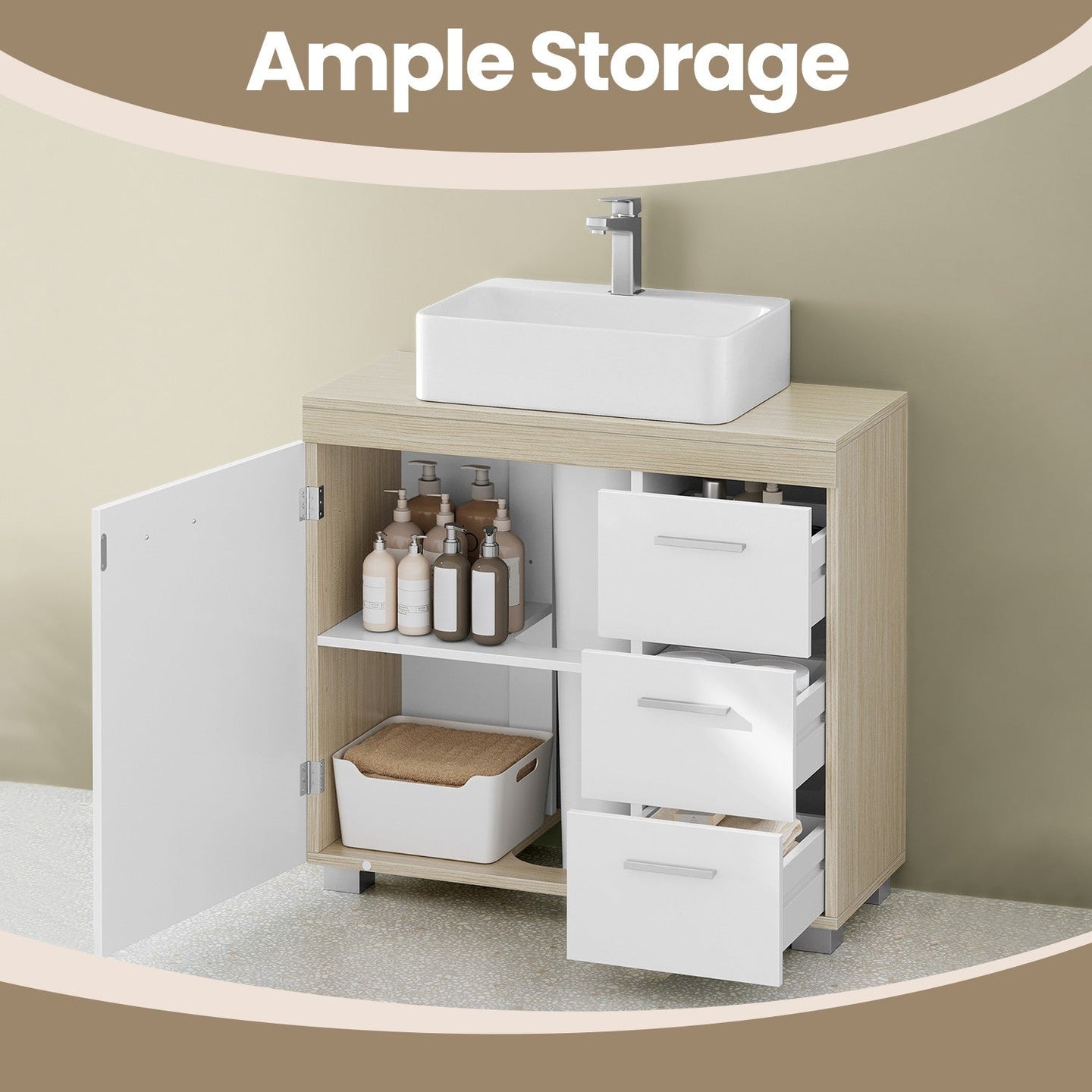 Under Sink Bathroom Cabinet - Wood - Cloud White - 3 Drawer Storage Solution for Washbasins with Pedestal