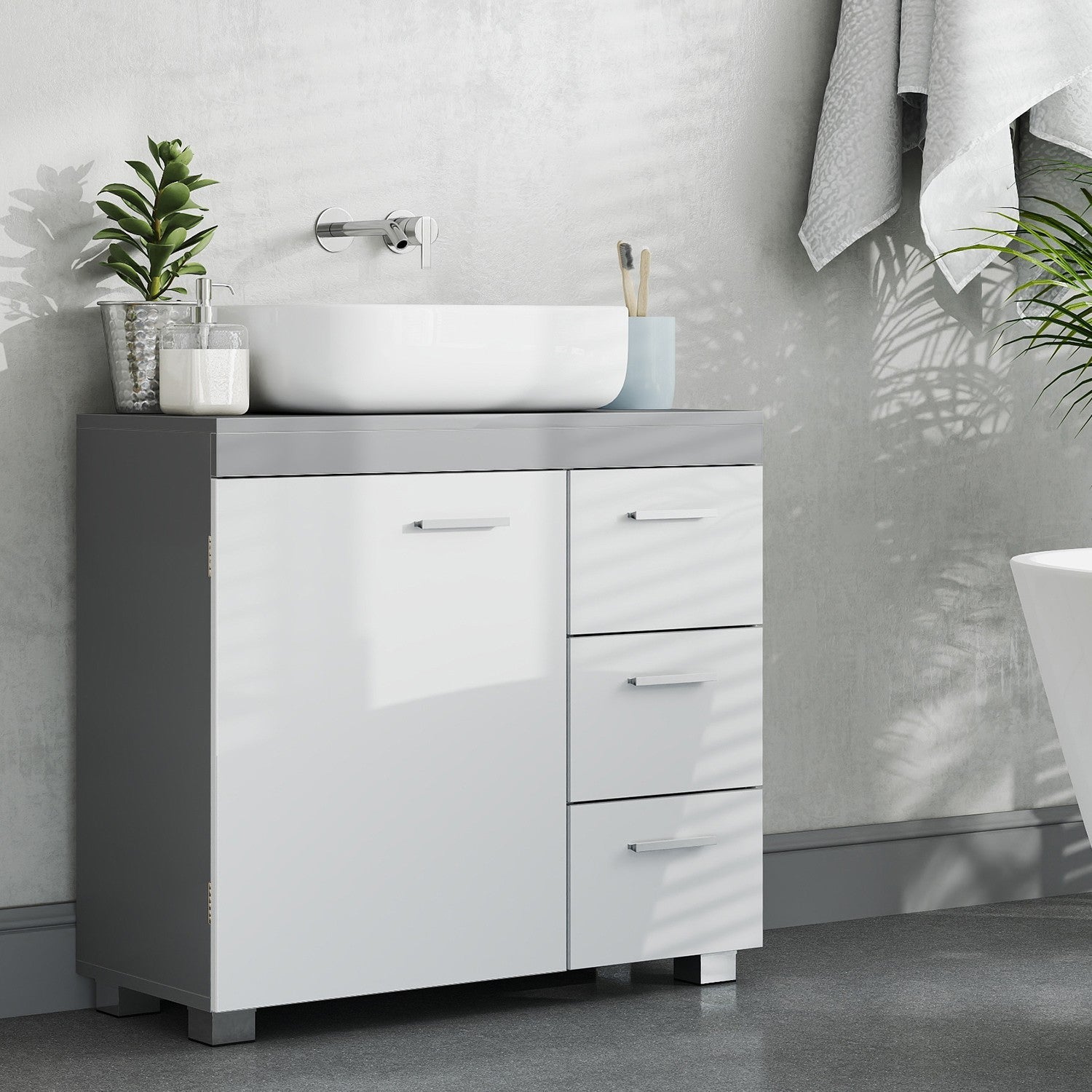 Under Sink Bathroom Cabinet - Wood - Cloud White - 3 Drawer Storage Solution for Washbasins with Pedestal