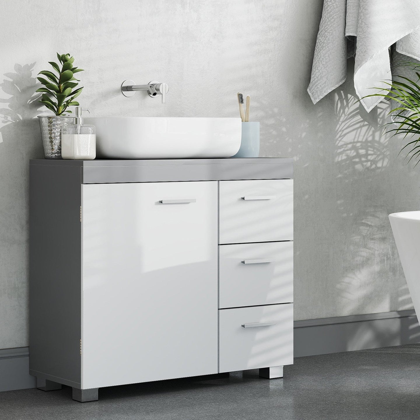 Under Sink Bathroom Cabinet - Wood - Cloud White - 3 Drawer Storage Solution for Washbasins with Pedestal