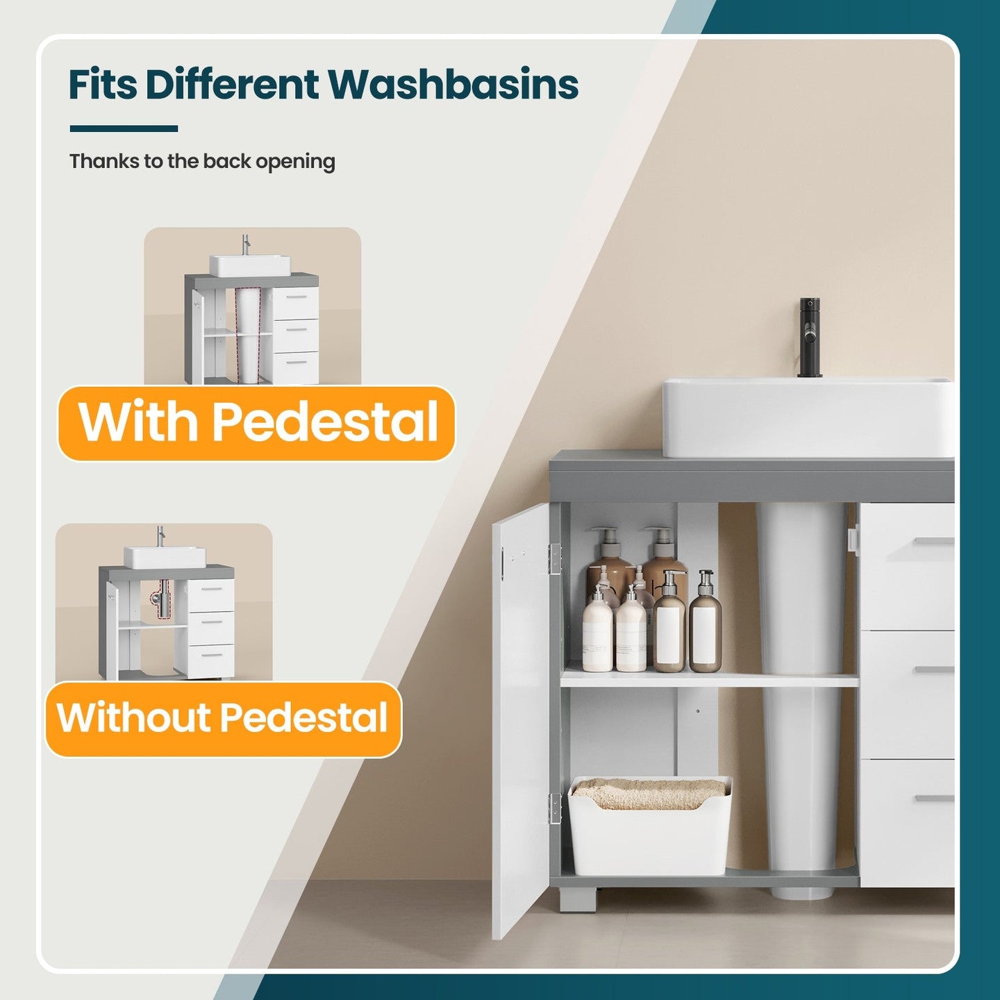 Under Sink Bathroom Cabinet - Wood - Cloud White - 3 Drawer Storage Solution for Washbasins with Pedestal
