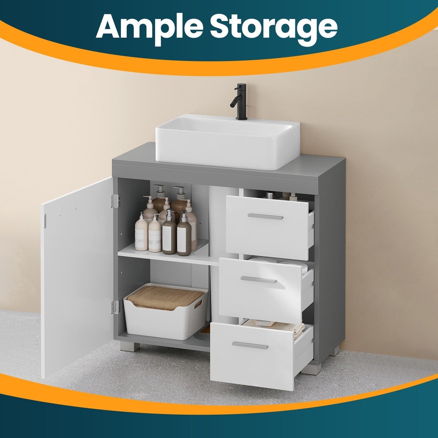 Under Sink Bathroom Cabinet - Wood - Cloud White - 3 Drawer Storage Solution for Washbasins with Pedestal