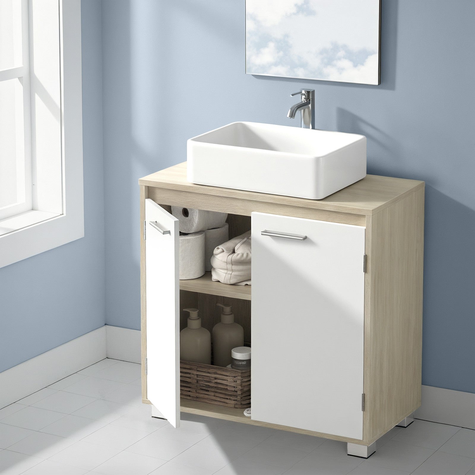 Under Sink Bathroom Storage Cabinet - 60L - MDF - 2 Compartment Design