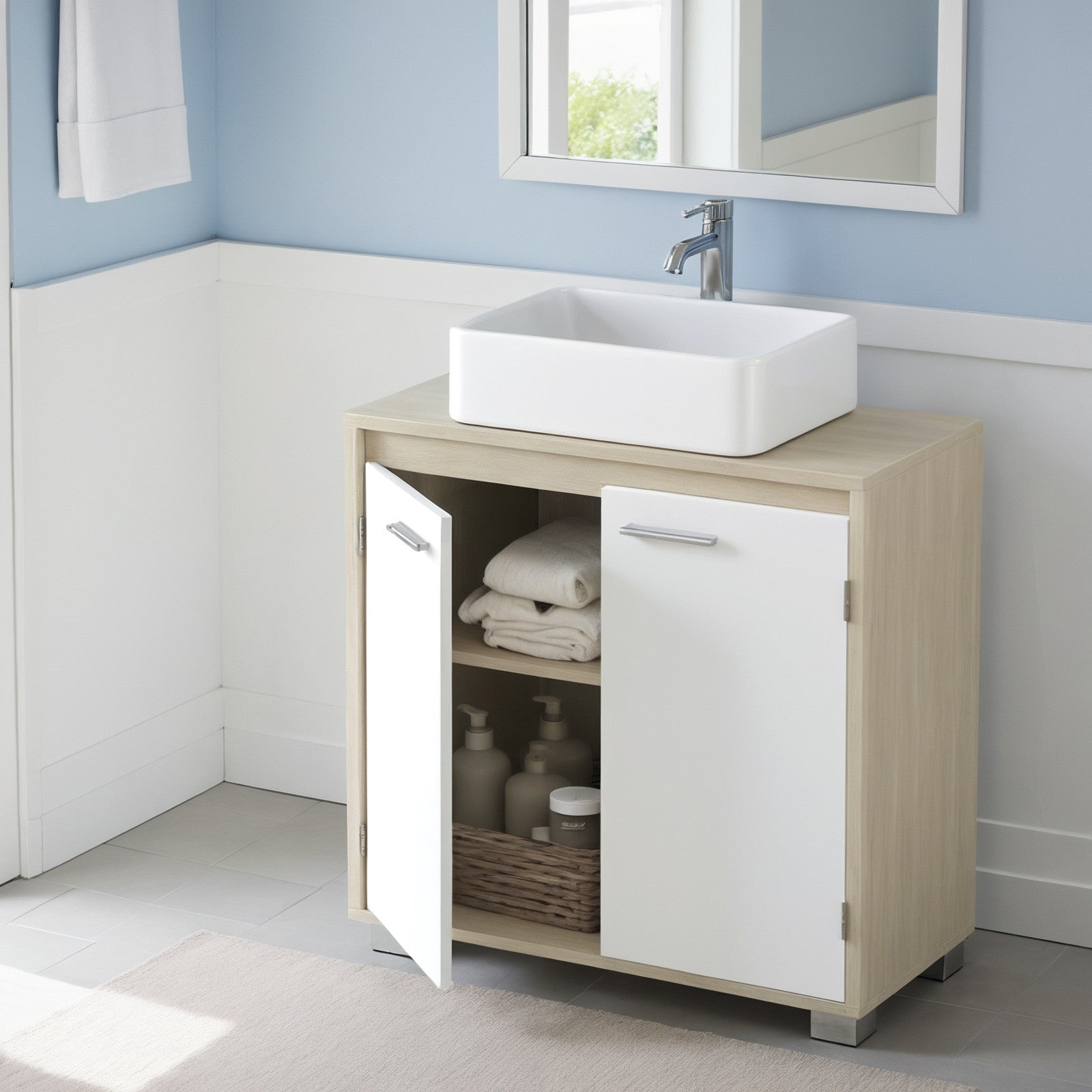 Under Sink Bathroom Storage Cabinet - 60L - MDF - 2 Compartment Design