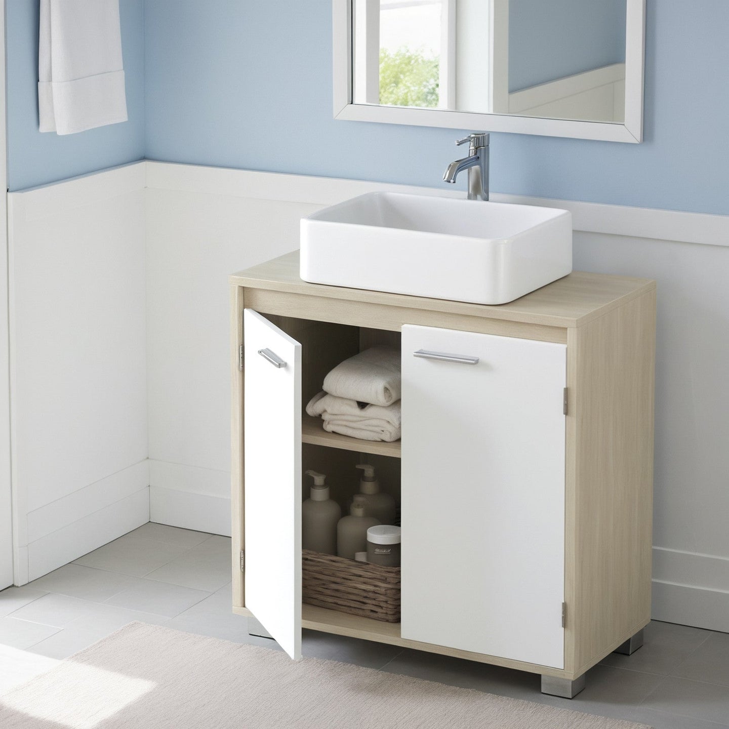 Under Sink Bathroom Storage Cabinet - 60L - MDF - 2 Compartment Design