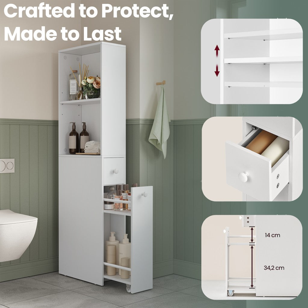 Tall Bathroom Storage Cabinet - Wood - Classic White - Freestanding with Storage Drawers and Adjustable Shelf