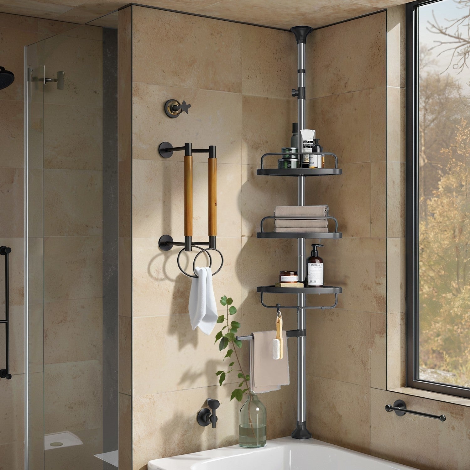 Telescopic Corner Shower Shelf - Stainless Steel - White and Silver - Adjustable with 4 Trays